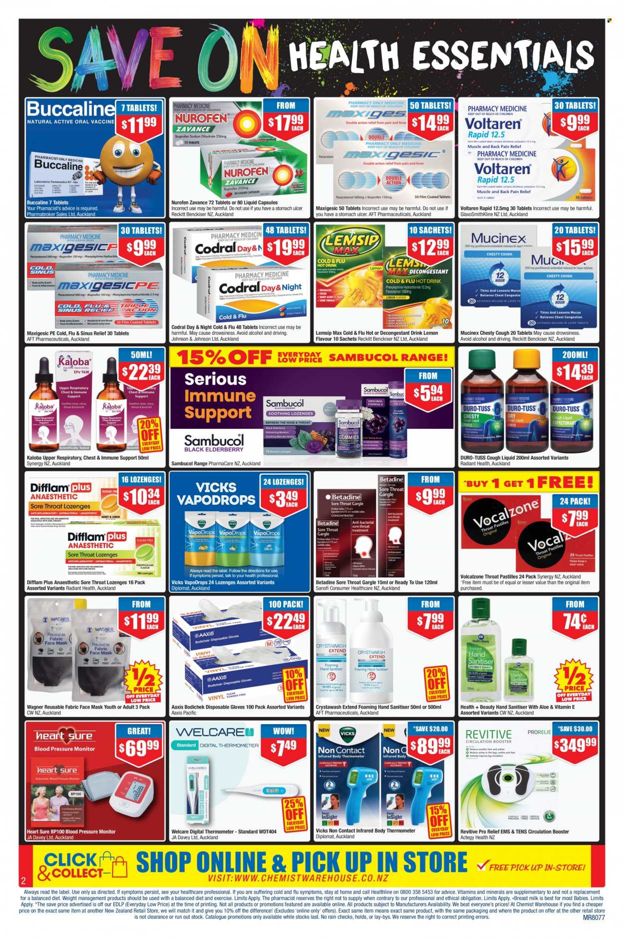 thumbnail - Chemist Warehouse mailer - 09.05.2022 - 22.05.2022 - Sales products - Johnson's, face mask, Sure, Vicks, pressure monitor, Revitive, Cold & Flu, Mucinex, Betadine, Nurofen, Sambucol, Codral, gloves, thermometer, disposable gloves. Page 2.