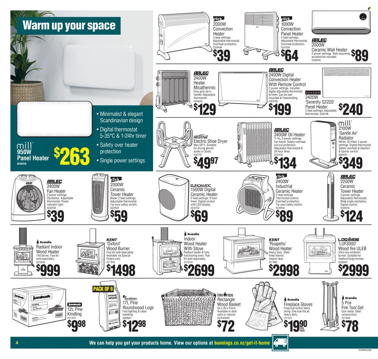 thumbnail - Bunnings Warehouse mailer - Sales products - basket, oven, lighting, heater, fan heater, fireplace, tool set. Page 4.