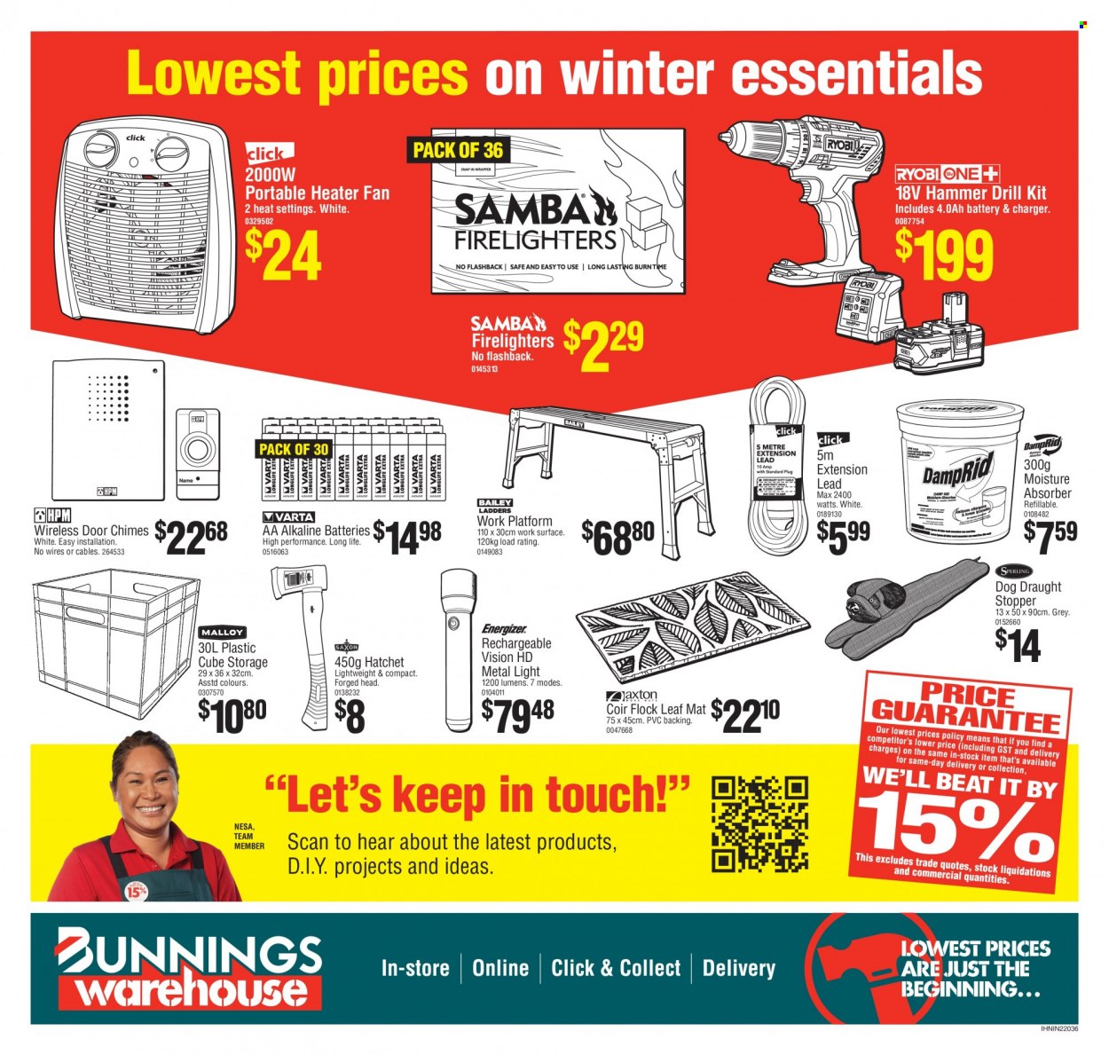 thumbnail - Bunnings Warehouse mailer - Sales products - firelighter, alkaline batteries, drill, extension lead. Page 12.