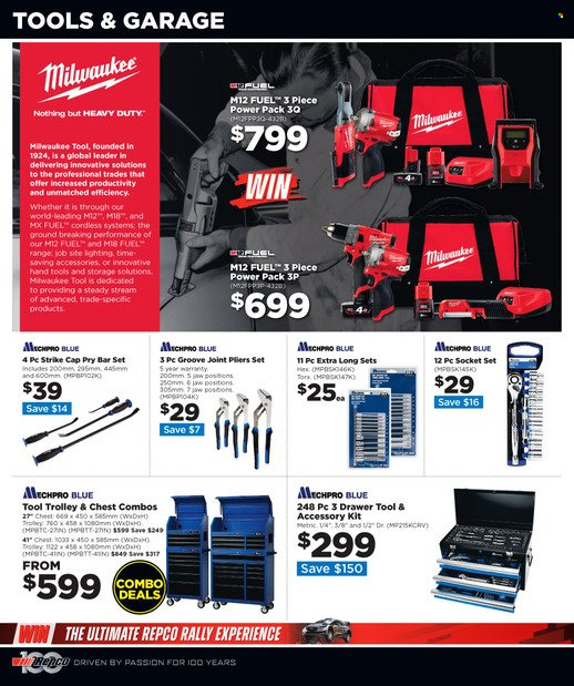 thumbnail - Repco mailer - 11.05.2022 - 24.05.2022 - Sales products - trolley, lighting, Milwaukee, pliers, pry bar, socket set, hand tools, Mechpro Blue, leader. Page 6.