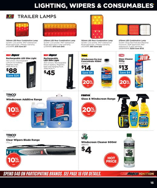 thumbnail - Repco mailer - 11.05.2022 - 24.05.2022 - Sales products - cleaner, glass cleaner, battery, trailer, lamp, lighting. Page 15.