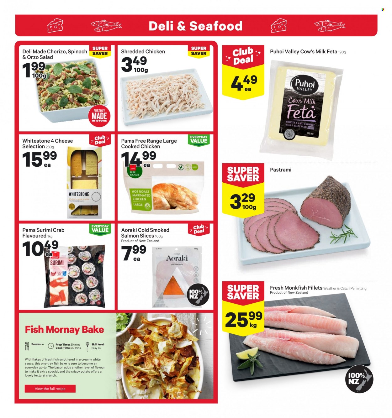 thumbnail - New World mailer - 16.05.2022 - 22.05.2022 - Sales products - monkfish, salmon, smoked salmon, crab, fish, bacon, pastrami, chorizo, cheese, feta, milk, beef meat, tray. Page 10.