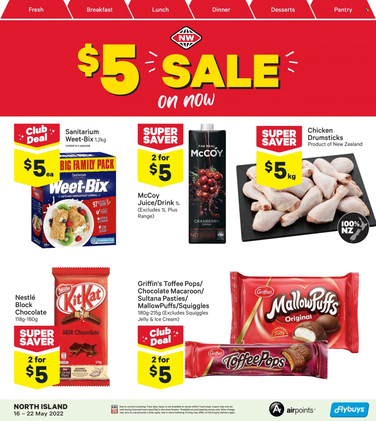 thumbnail - New World mailer - 16.05.2022 - 22.05.2022 - Sales products - ice cream, Nestlé, toffee, jelly, cereal bar, MallowPuffs, Griffin's, Weet-Bix, juice, wine, chicken drumsticks. Page 1.