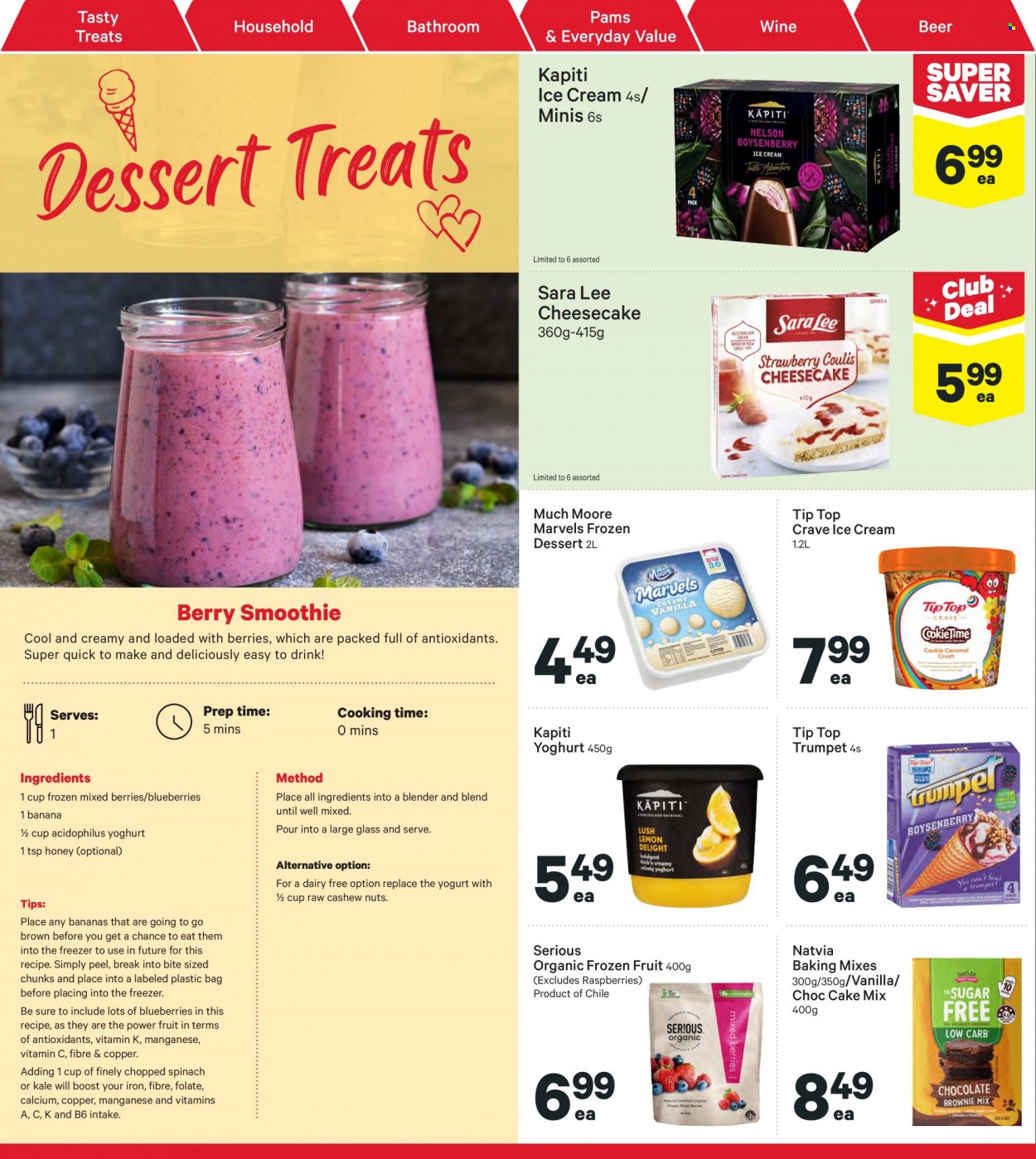 thumbnail - New World mailer - 16.05.2022 - 22.05.2022 - Sales products - Tip Top, Sara Lee, cake mix, kale, yoghurt, Much Moore, organic frozen fruit, honey, cashews, Boost, wine, beer, Sure, calcium, vitamin c. Page 18.