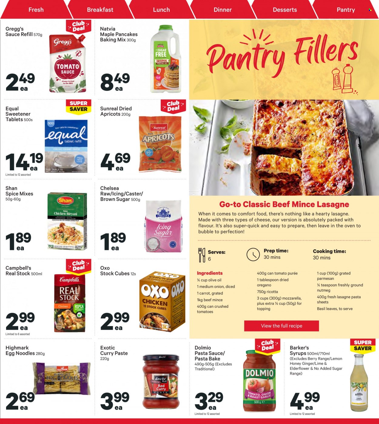 thumbnail - New World mailer - 16.05.2022 - 22.05.2022 - Sales products - ginger, tomatoes, onion, apricots, Campbell's, pasta sauce, pancakes, noodles, mozzarella, ricotta, parmesan, cheese, cane sugar, topping, sweetener, crushed tomatoes, tomato sauce, tomato puree, egg noodles, esponja, nutmeg, spice, curry paste, olive oil, oil, honey, dried fruit, beef meat, ground beef, teaspoon. Page 19.