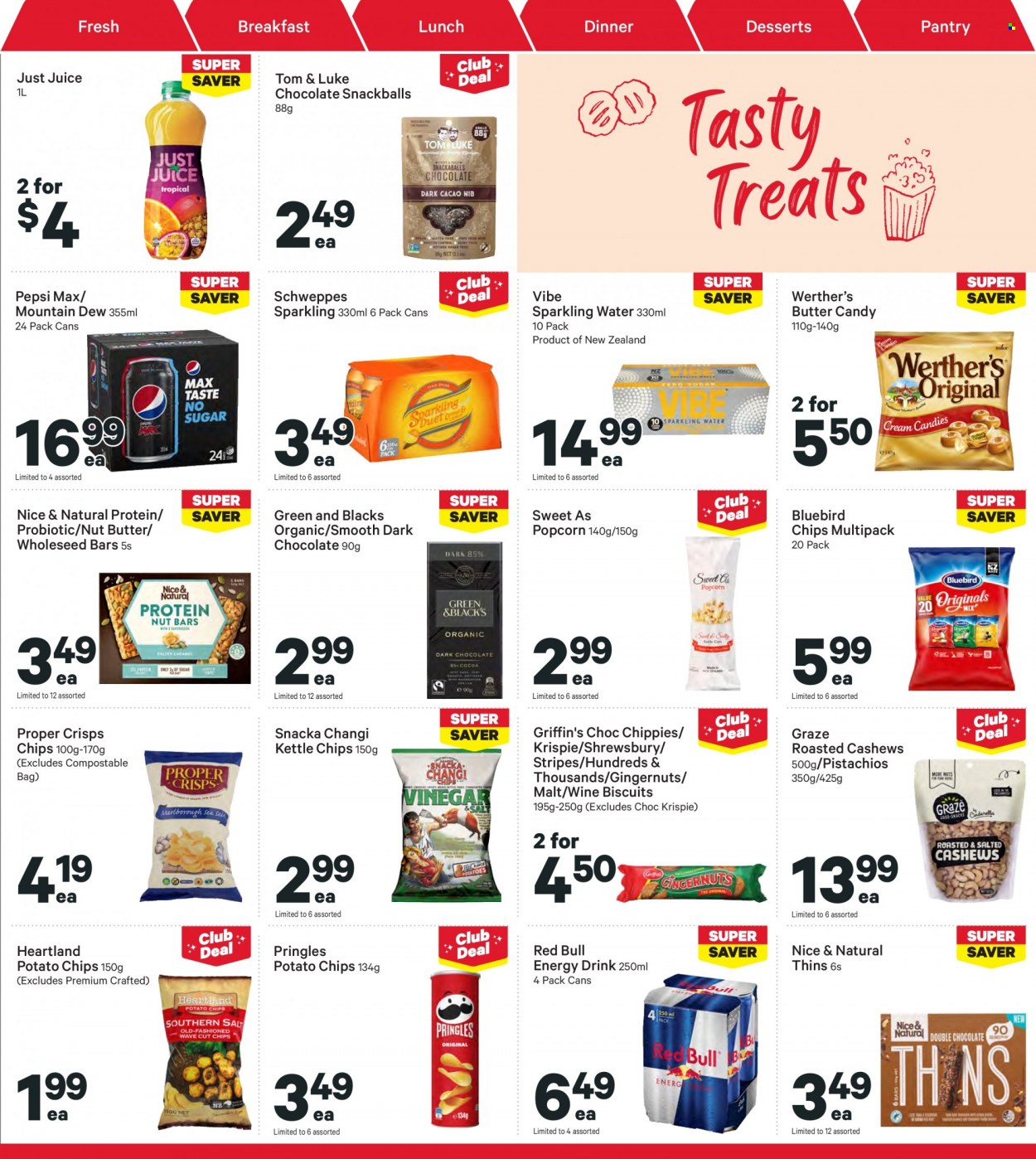 thumbnail - New World mailer - 16.05.2022 - 22.05.2022 - Sales products - chocolate, biscuit, dark chocolate, Griffin's, potato chips, Pringles, chips, Thins, Heartland, Bluebird, popcorn, malt, nut butter, cashews, pistachios, Graze, Mountain Dew, Schweppes, Pepsi, juice, energy drink, Pepsi Max, Red Bull, sparkling water, wine, bag. Page 21.
