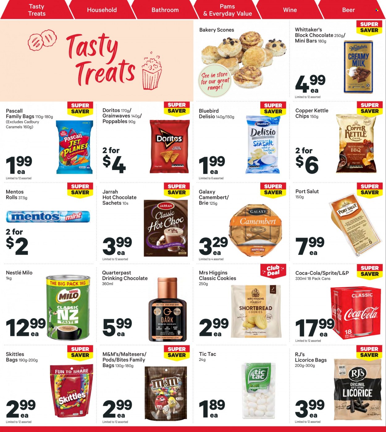 thumbnail - New World mailer - 16.05.2022 - 22.05.2022 - Sales products - camembert, brie, Milo, cookies, Nestlé, Mentos, M&M's, Maltesers, Cadbury, Whittaker's, Skittles, Tic Tac, Doritos, chips, Bluebird, Delisio, Copper Kettle, Coca-Cola, Sprite, L&P, hot chocolate, wine, beer. Page 22.