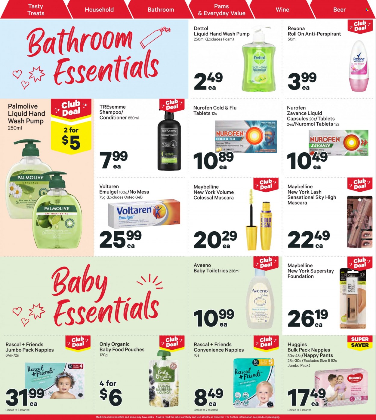 thumbnail - New World mailer - 16.05.2022 - 22.05.2022 - Sales products - wine, beer, organic baby food, Huggies, pants, nappies, Aveeno, Dettol, shampoo, hand wash, Palmolive, conditioner, TRESemmé, anti-perspirant, Rexona, roll-on, mascara, Maybelline, Cold & Flu, Nurofen. Page 26.