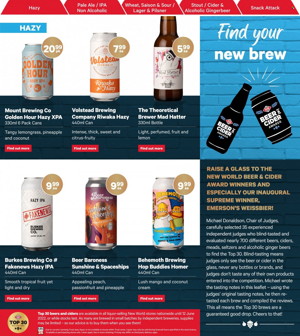 thumbnail - New World mailer - 15.05.2022 - 12.06.2022 - Sales products - ginger, pineapple, coconut, Sunshine, snack, brewer, cider, Lager, IPA. Page 1.