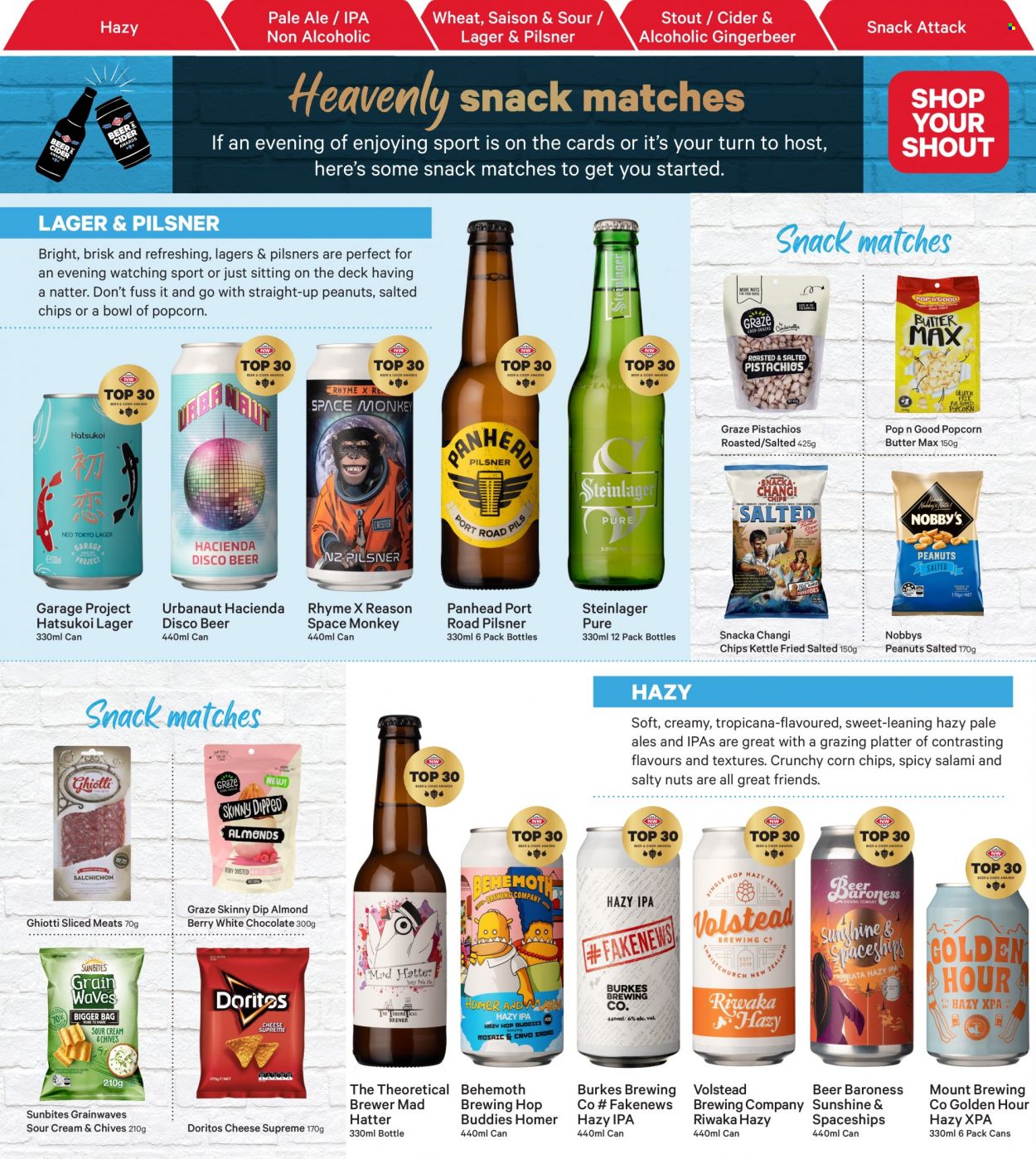 thumbnail - New World mailer - 15.05.2022 - 12.06.2022 - Sales products - chives, salami, cheese, butter, Sunshine, dip, white chocolate, chocolate, snack, Doritos, chips, corn chips, popcorn, Sunbites, brewer, peanuts, pistachios, Graze, cider, Steinlager, Lager, IPA. Page 8.