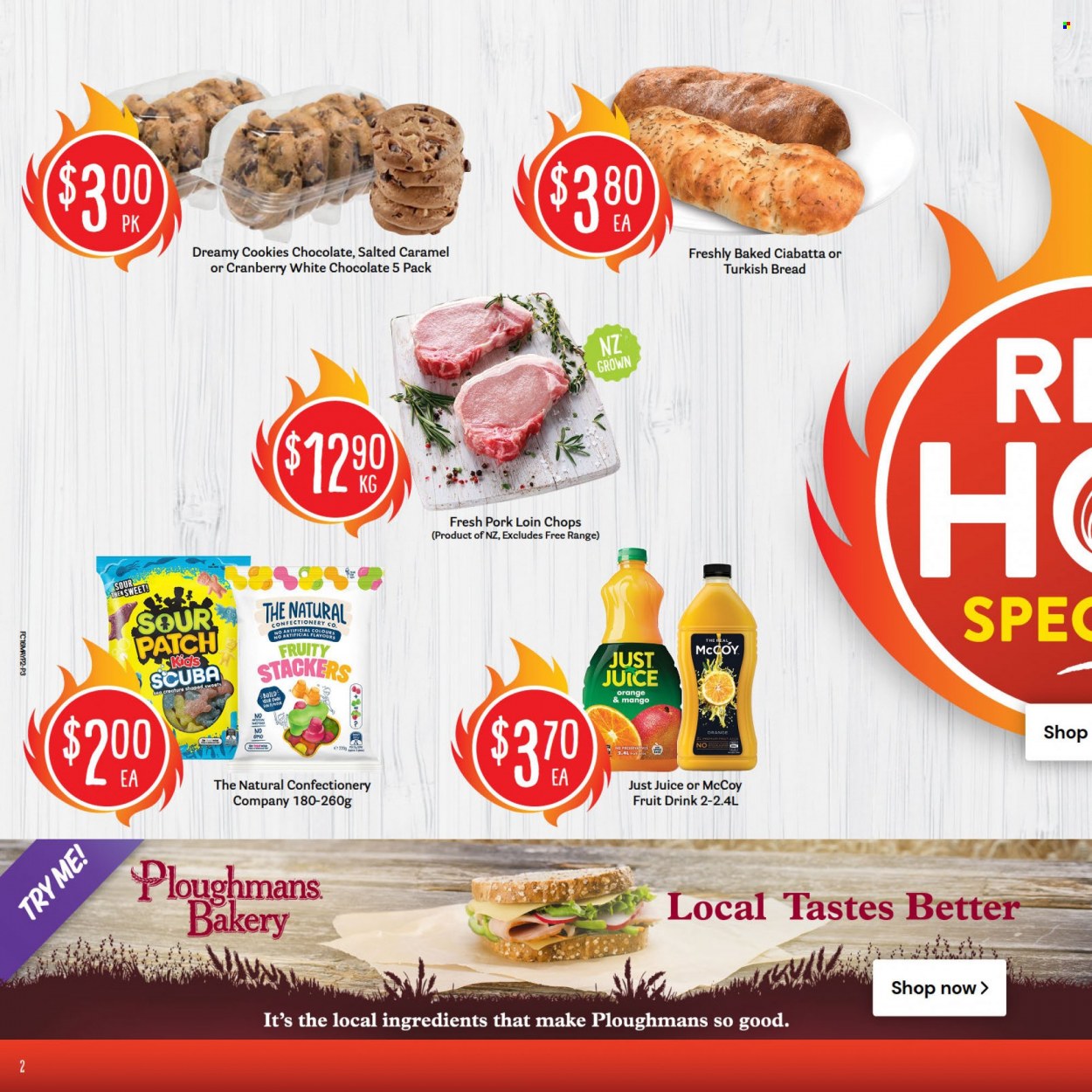 thumbnail - Fresh Choice mailer - 16.05.2022 - 22.05.2022 - Sales products - ciabatta, oranges, cookies, white chocolate, chocolate, juice, fruit drink, pork chops, pork loin, pork meat. Page 2.