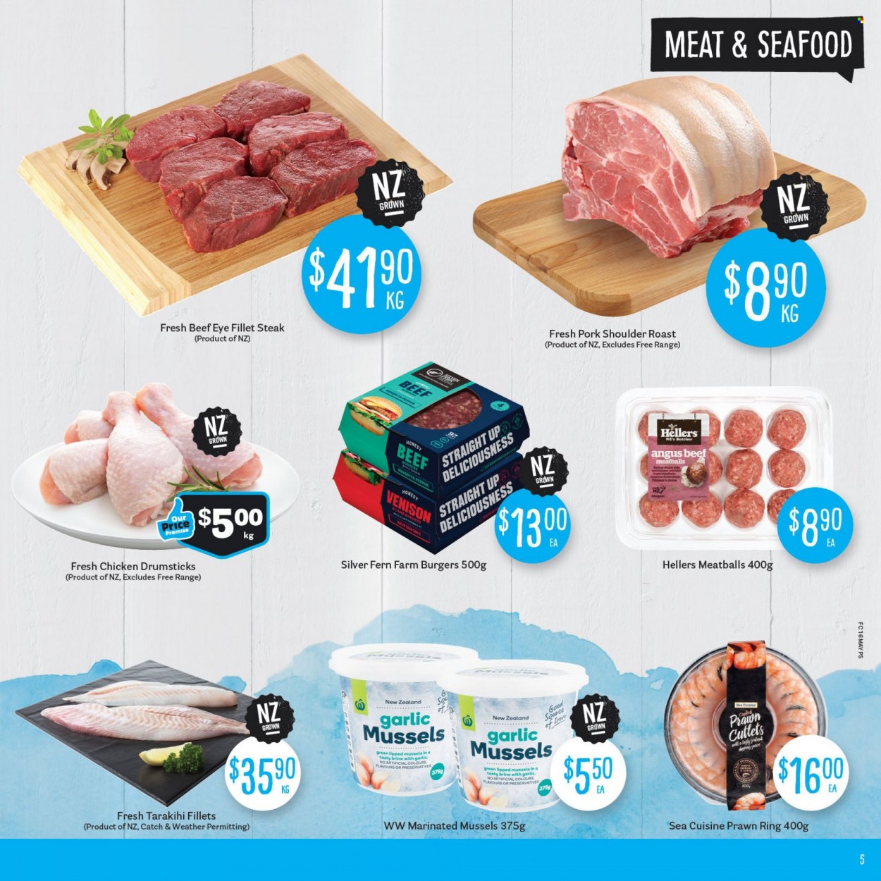 thumbnail - Fresh Choice mailer - 16.05.2022 - 22.05.2022 - Sales products - mussels, seafood, prawns, tarakihi, meatballs, hamburger, sauce, chicken drumsticks, beef meat, steak, beef tenderloin, eye of round, pork meat, pork roast, pork shoulder, venison meat. Page 5.