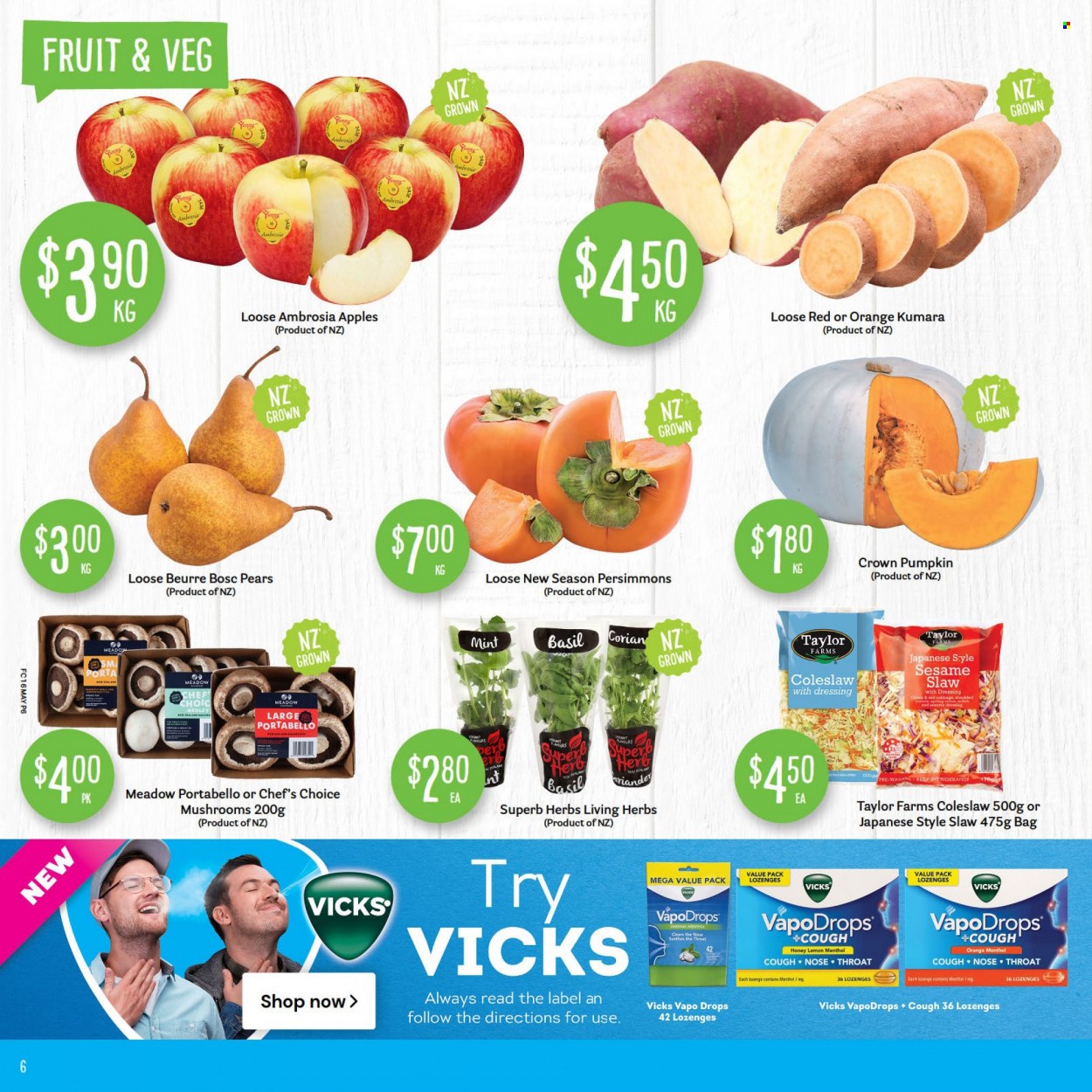 thumbnail - Fresh Choice mailer - 16.05.2022 - 22.05.2022 - Sales products - mushrooms, pumpkin, pears, persimmons, oranges, apples, coleslaw, esponja, herbs, honey, Vicks. Page 6.