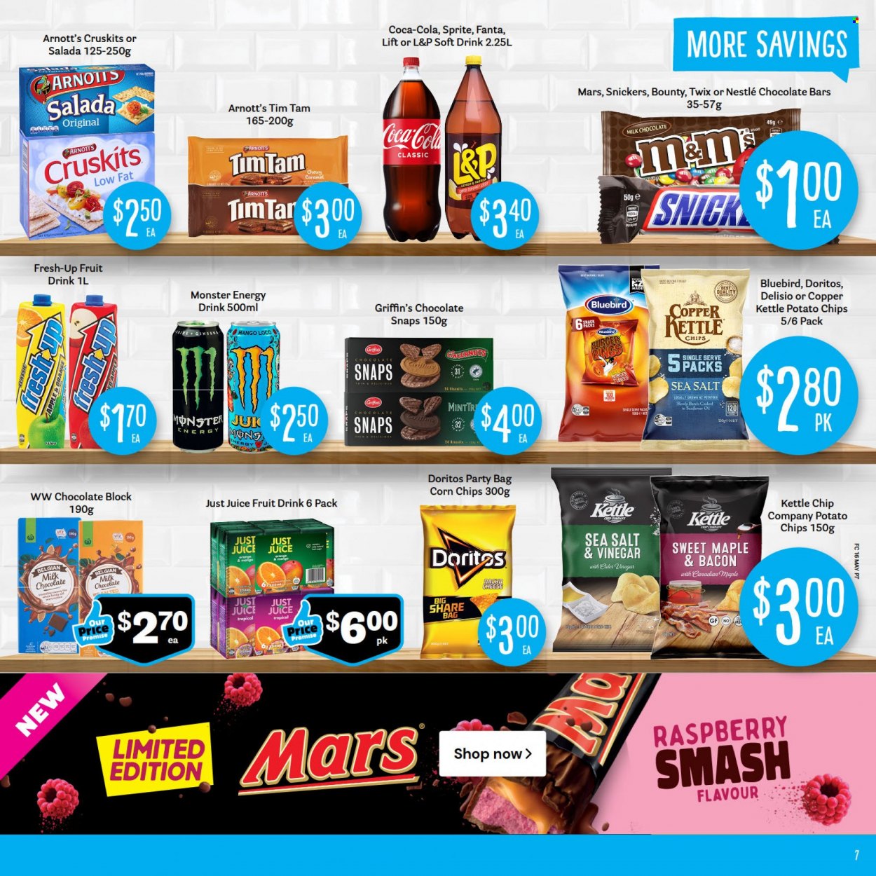 thumbnail - Fresh Choice mailer - 16.05.2022 - 22.05.2022 - Sales products - mango, bacon, milk chocolate, Nestlé, Snickers, Twix, Bounty, Mars, Tim Tam, Griffin's, chocolate bar, Doritos, potato chips, chips, corn chips, Bluebird, Delisio, Copper Kettle, caramel, Coca-Cola, Sprite, juice, energy drink, Monster, Fanta, fruit drink, soft drink, L&P, Monster Energy, cider. Page 7.
