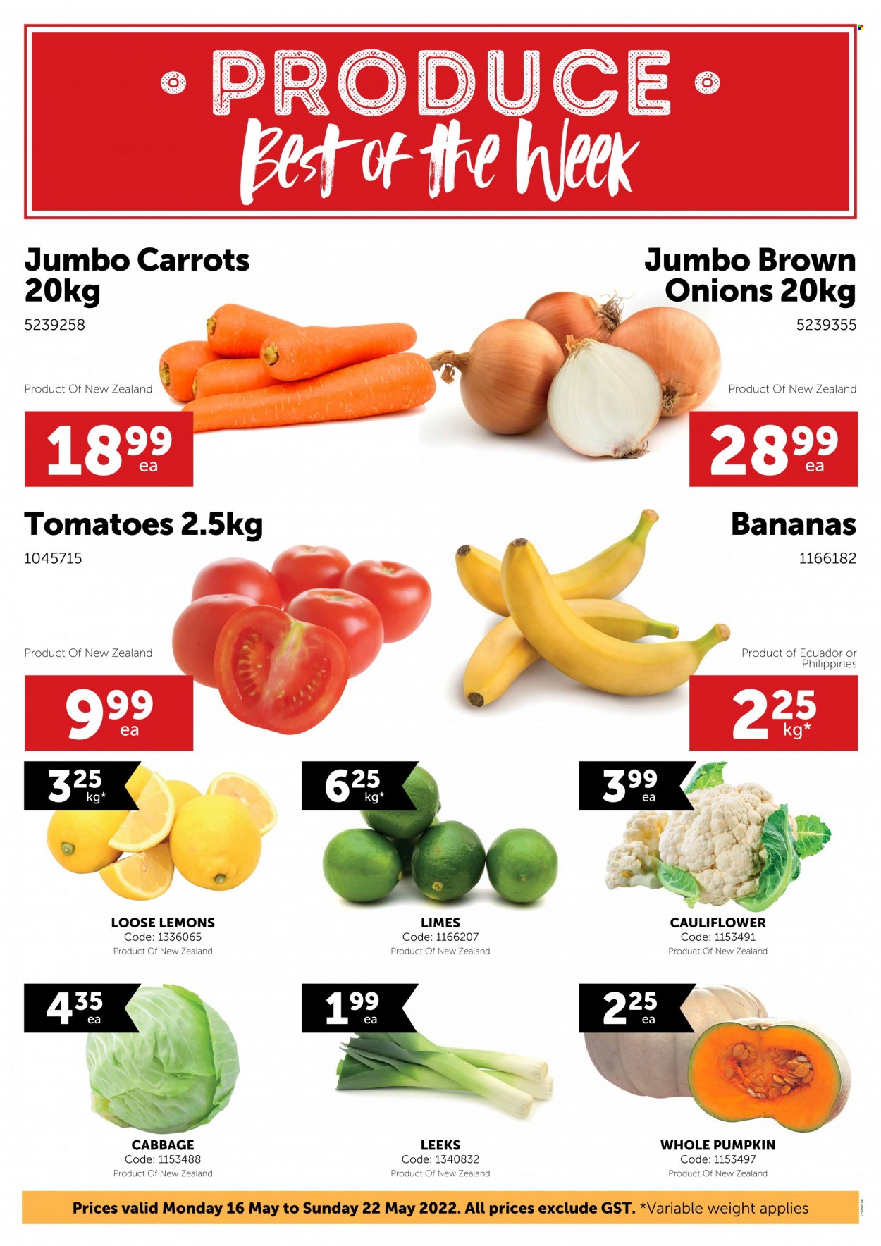 thumbnail - Gilmours mailer - 16.05.2022 - 22.05.2022 - Sales products - carrots, cauliflower, tomatoes, pumpkin, onion, bananas, limes, lemons. Page 1.