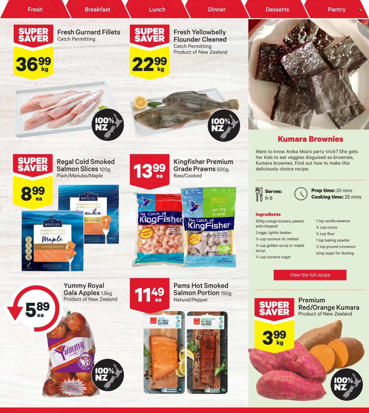 thumbnail - New World mailer - 23.05.2022 - 29.05.2022 - Sales products - Gala, oranges, apples, flounder, salmon, smoked salmon, prawns, eggs, cocoa, sugar, coconut sugar, icing sugar, pepper, cinnamon, coconut oil, maple syrup, syrup. Page 9.