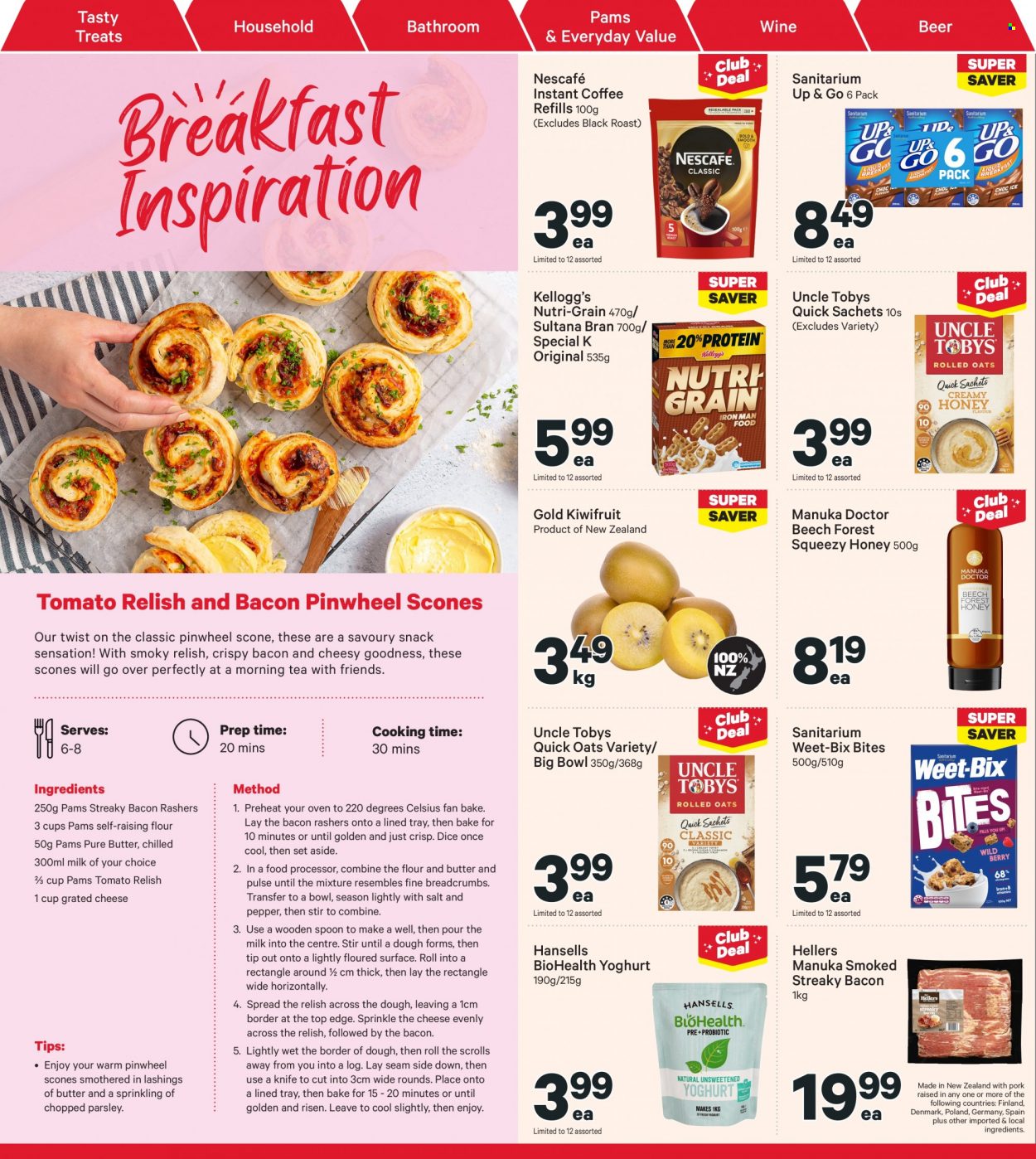 thumbnail - New World mailer - 23.05.2022 - 29.05.2022 - Sales products - parsley, kiwi, bacon, streaky bacon, cheese, grated cheese, yoghurt, milk, snack, cereal bar, Kellogg's, flour, oats, Weet-Bix, Quick Oats, Nutri-Grain, pepper, honey, tea, instant coffee, Nescafé, wine, beer, knife, spoon. Page 14.