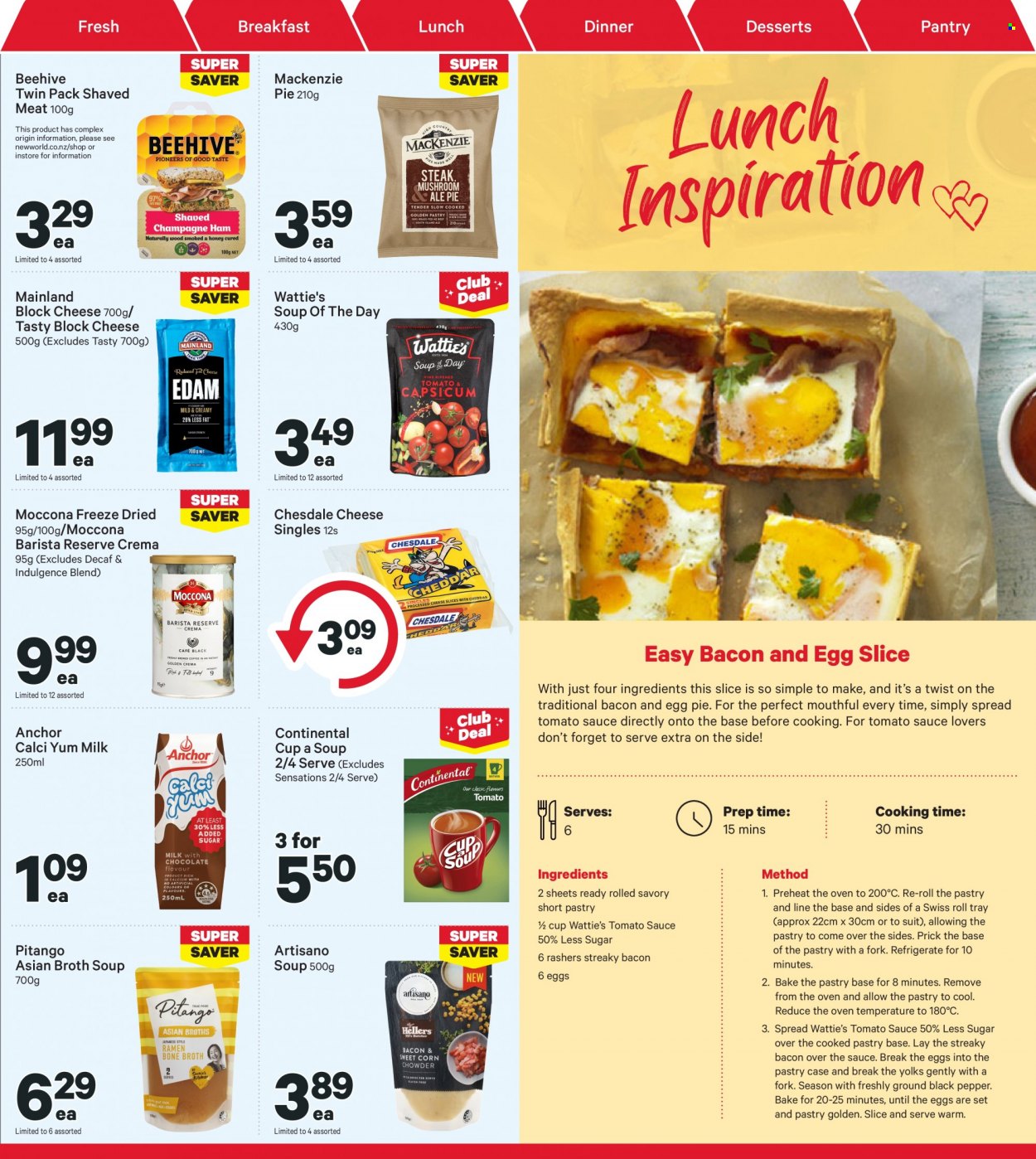thumbnail - New World mailer - 23.05.2022 - 29.05.2022 - Sales products - swiss roll, soup, Wattie's, Continental, bacon, streaky bacon, cheese, milk, eggs, Anchor, broth, tomato sauce, Moccona, fork. Page 17.