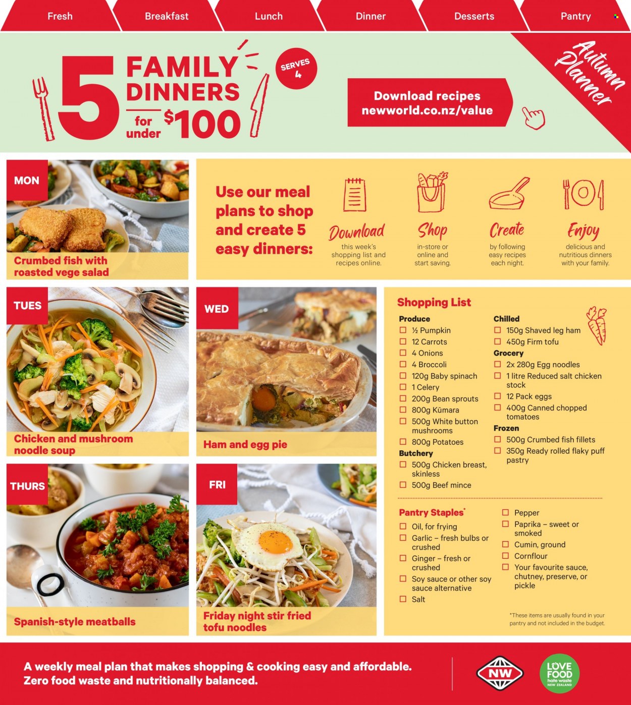 thumbnail - New World mailer - 23.05.2022 - 29.05.2022 - Sales products - pie, broccoli, carrots, celery, garlic, ginger, spinach, tomatoes, potatoes, pumpkin, salad, fish fillets, fish, crumbed fish, meatballs, soup, noodles cup, noodles, ham, leg ham, tofu, corn flour, salt, egg noodles, pepper, cumin, soy sauce, chutney, chicken breasts, beef meat, bulb, bean sprouts. Page 25.