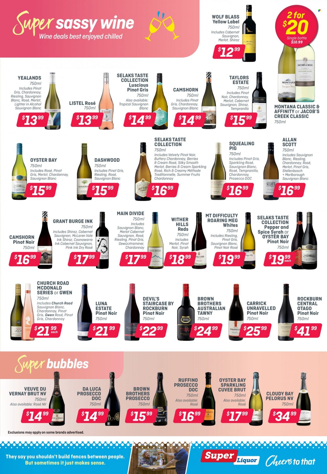 thumbnail - Super Liquor mailer - 13.06.2022 - 26.06.2022 - Sales products - Cabernet Sauvignon, red wine, Riesling, white wine, prosecco, Chardonnay, wine, Merlot, Pinot Noir, Cuvée, alcohol, Wither Hills, Syrah, Jacob's Creek, Shiraz, Tempranillo, Pinot Grigio, Sauvignon Blanc, rosé wine, BROTHERS. Page 8.