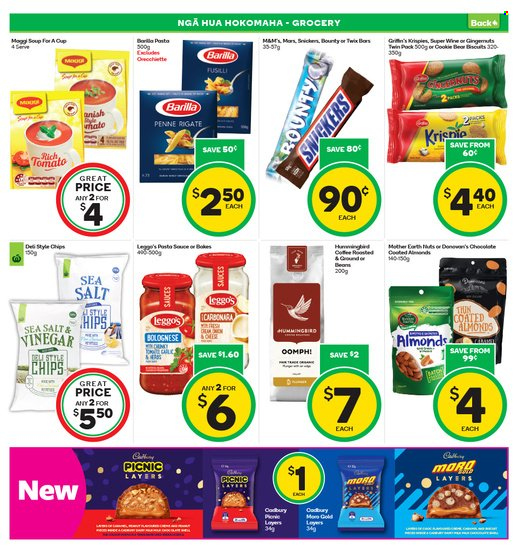 thumbnail - Countdown mailer - 20.06.2022 - 26.06.2022 - Sales products - soup, pasta, Barilla, Snickers, Bounty, Mars, M&M's, biscuit, Cadbury, Mother Earth, chips, penne, caramel, almonds, coffee, wine. Page 13.