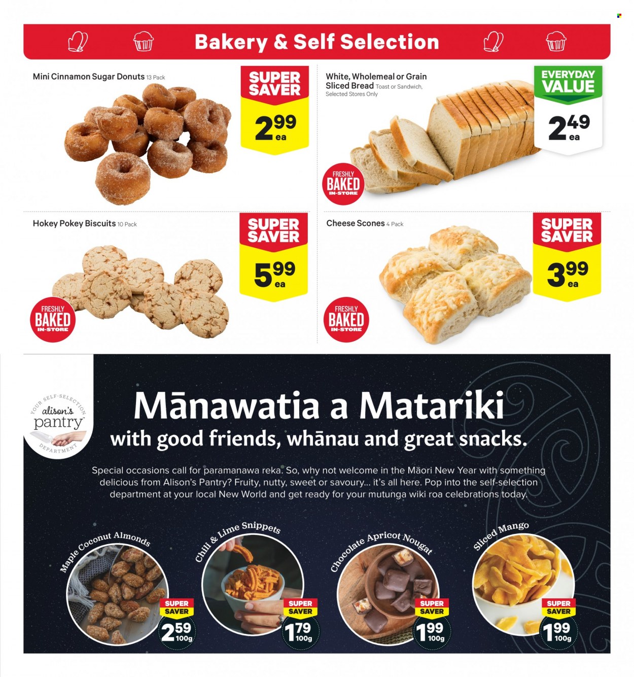 thumbnail - New World mailer - 20.06.2022 - 26.06.2022 - Sales products - bread, donut, mango, coconut, sandwich, cheese, chocolate, snack, nougat, Celebration, biscuit, sugar, cinnamon, almonds. Page 12.