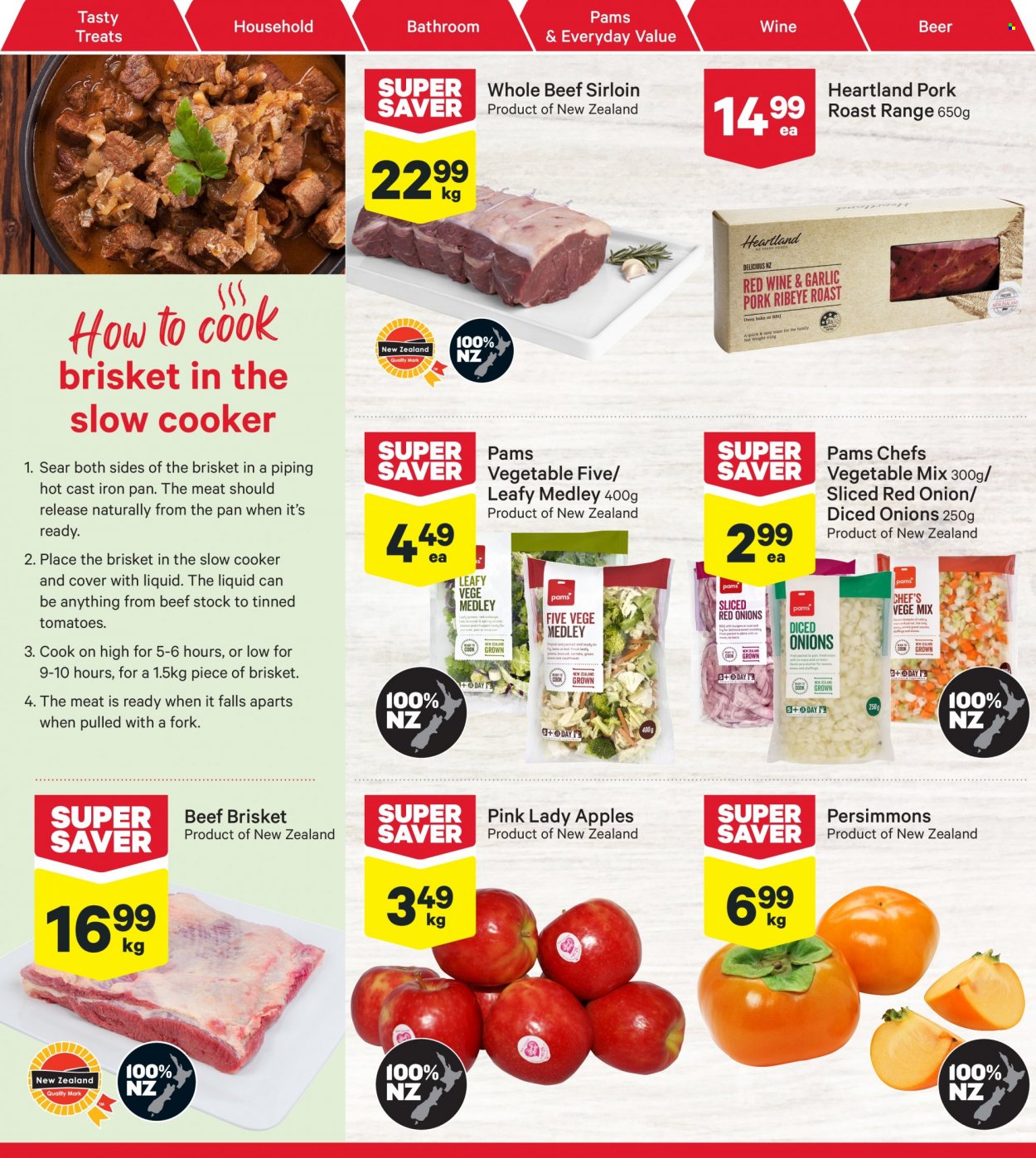 thumbnail - New World mailer - 20.06.2022 - 26.06.2022 - Sales products - tomatoes, onion, persimmons, apples, Pink Lady, Heartland, wine, beer, beef meat, beef sirloin, beef brisket, pork meat, pork roast, fork, pan. Page 8.