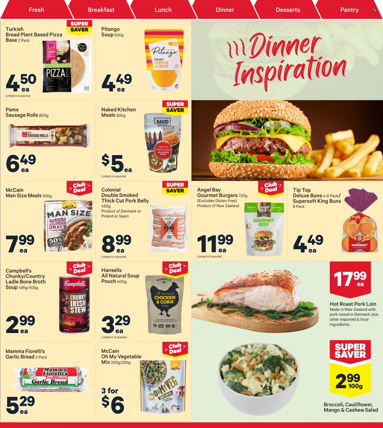thumbnail - New World mailer - 20.06.2022 - 26.06.2022 - Sales products - sausage rolls, Tip Top, buns, Campbell's, pizza, soup, hamburger, sausage, pizza dough, McCain, pork belly, pork loin, pork meat. Page 17.