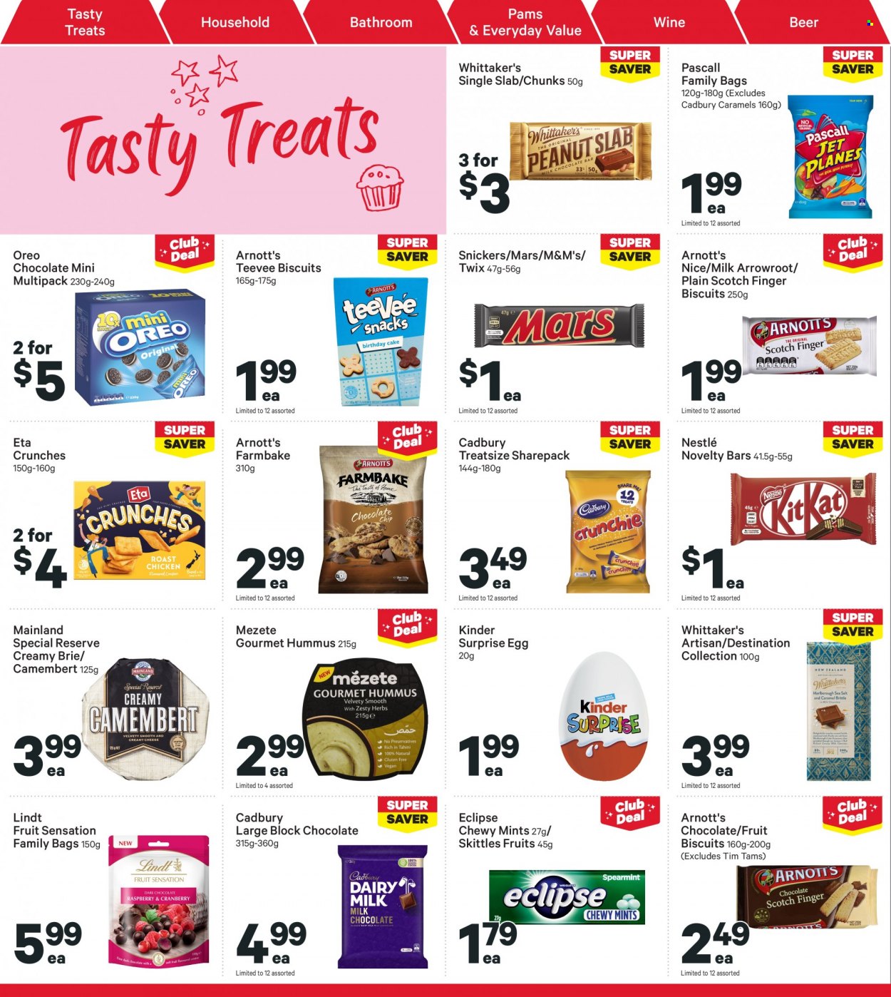 thumbnail - New World mailer - 20.06.2022 - 26.06.2022 - Sales products - hummus, camembert, brie, Oreo, milk, eggs, Nestlé, chocolate, Lindt, Snickers, Twix, Mars, M&M's, Kinder Surprise, Tim Tam, biscuit, Cadbury, Whittaker's, Skittles, wine, beer. Page 24.