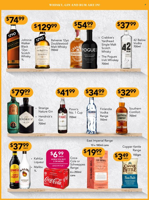 thumbnail - Liquorland mailer - 20.06.2022 - 03.07.2022 - Sales products - chips, Copper Kettle, Coca-Cola, Schweppes, coffee, Kahlúa, gin, liqueur, rum, vodka, whiskey, irish whiskey, Johnnie Walker, Malibu, Hendrick's, scotch whisky, whisky. Page 7.