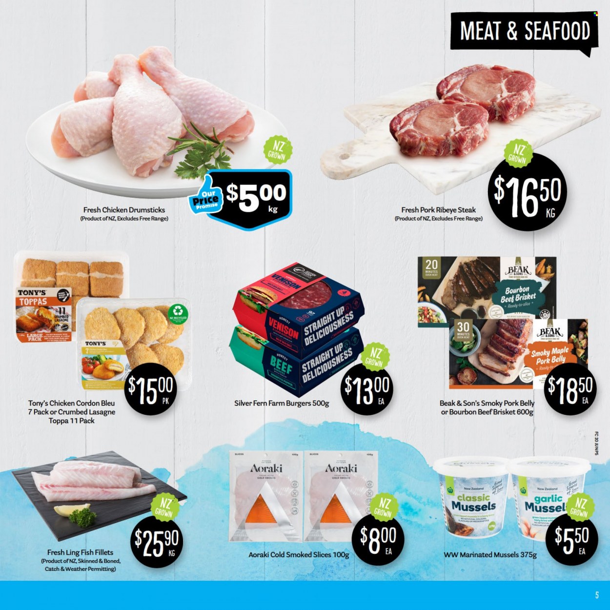 thumbnail - Fresh Choice mailer - 20.06.2022 - 26.06.2022 - Sales products - garlic, fish fillets, mussels, seafood, fish, hamburger, cordon bleu, bourbon, chicken drumsticks, beef meat, beef steak, steak, ribeye steak, beef brisket, pork belly, pork meat. Page 5.