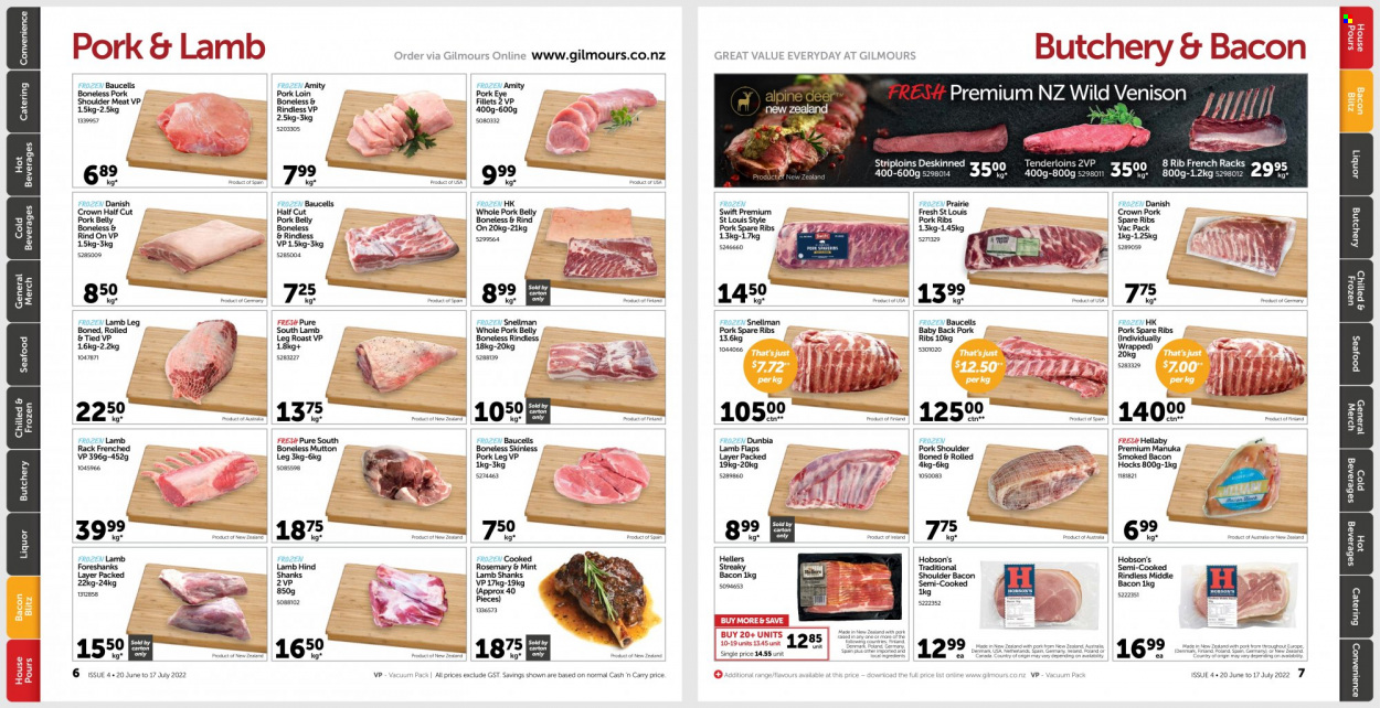 thumbnail - Gilmours mailer - 20.06.2022 - 17.07.2022 - Sales products - seafood, bacon, shoulder bacon, streaky bacon, rosemary, liquor, pork belly, pork loin, pork meat, pork ribs, pork shoulder, pork spare ribs, pork leg, pork back ribs, lamb meat, mutton meat, lamb leg, venison meat. Page 4.