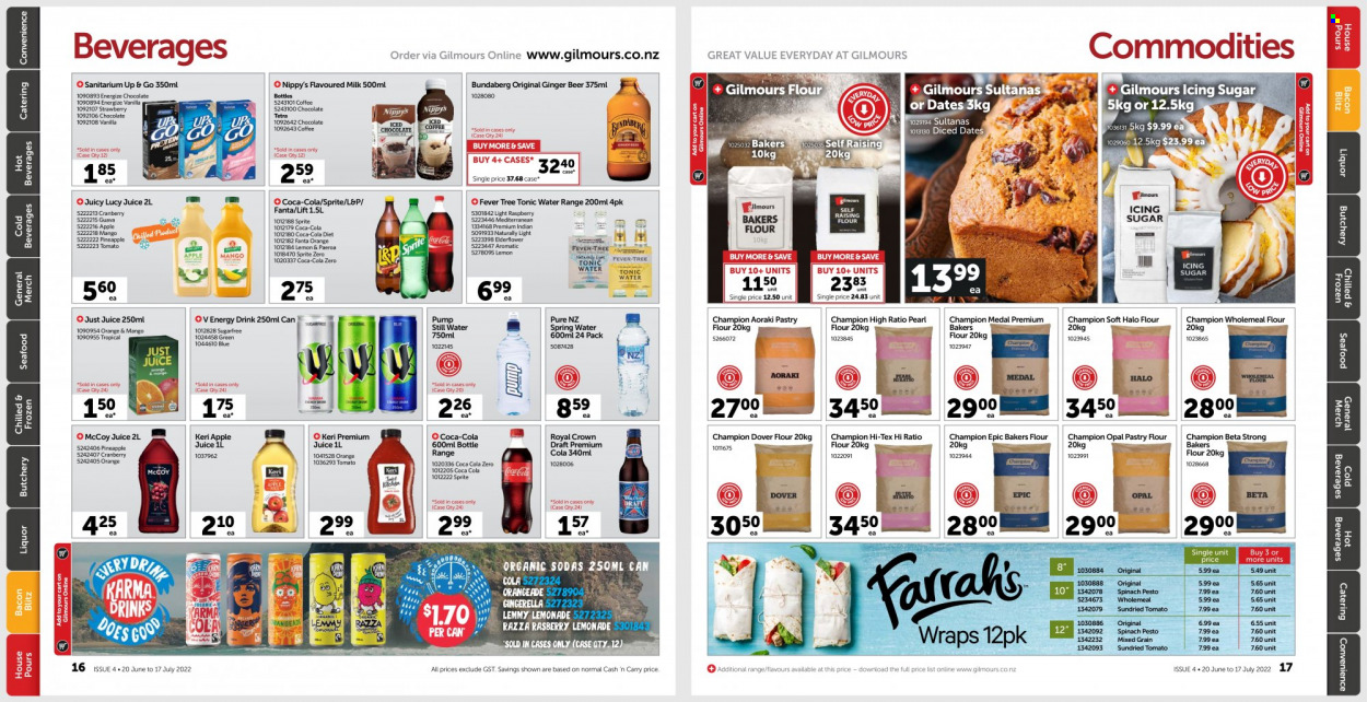 thumbnail - Gilmours mailer - 20.06.2022 - 17.07.2022 - Sales products - wraps, spinach, guava, pineapple, oranges, seafood, bacon, milk, flavoured milk, chocolate, flour, sugar, icing sugar, dried tomatoes, pesto, sultanas, dried fruit, apple juice, Coca-Cola, lemonade, Sprite, juice, energy drink, Fanta, tonic, Coca-Cola zero, Royal Crown, L&P, mineral water, spring water, bottled water, Bundaberg, coffee, liquor, beer, ginger beer. Page 9.