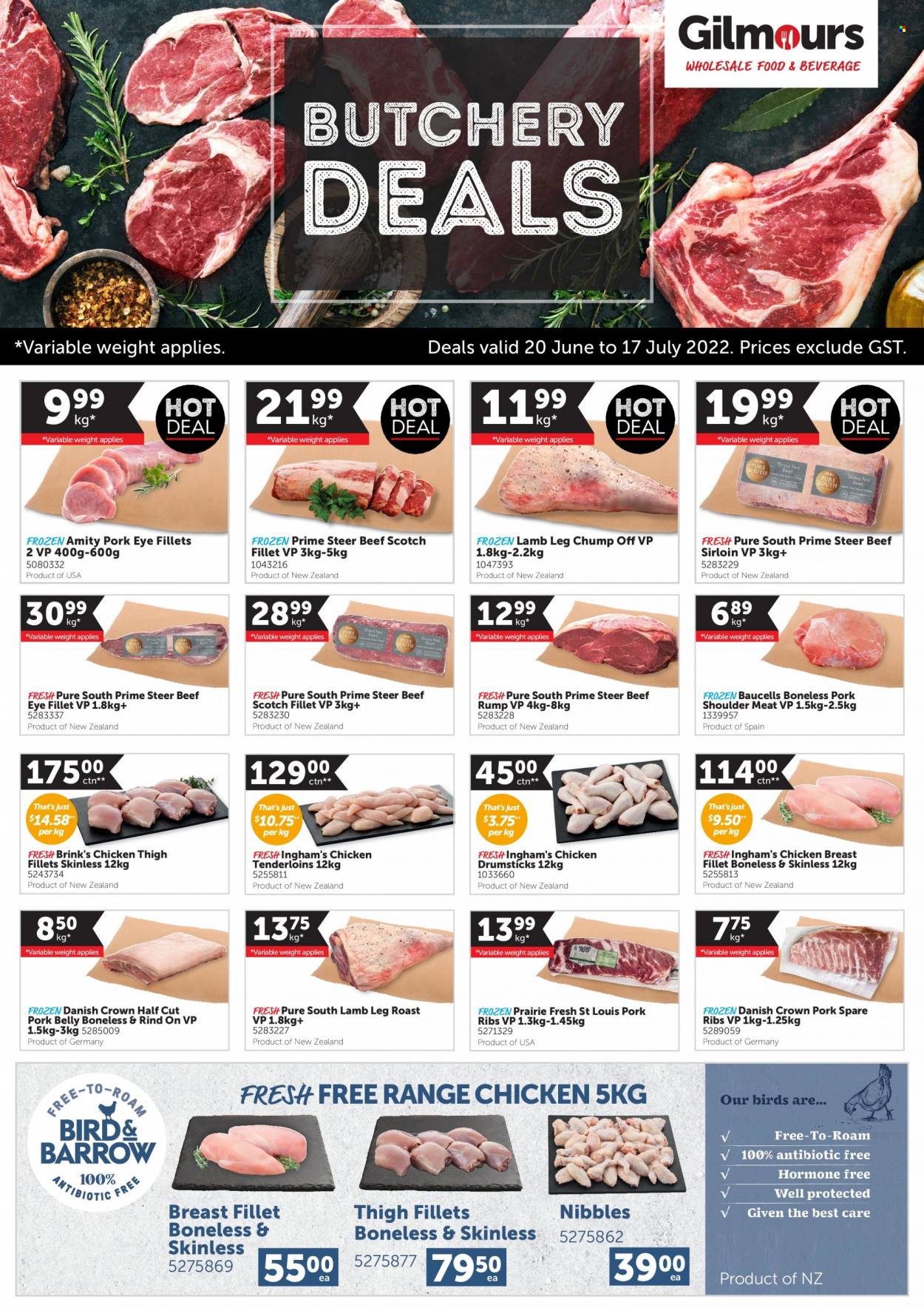 thumbnail - Gilmours mailer - 20.06.2022 - 17.07.2022 - Sales products - chicken breasts, chicken drumsticks, beef meat, beef sirloin, beef tenderloin, eye of round, pork belly, pork meat, pork ribs, pork shoulder, pork spare ribs, lamb meat, lamb leg. Page 1.