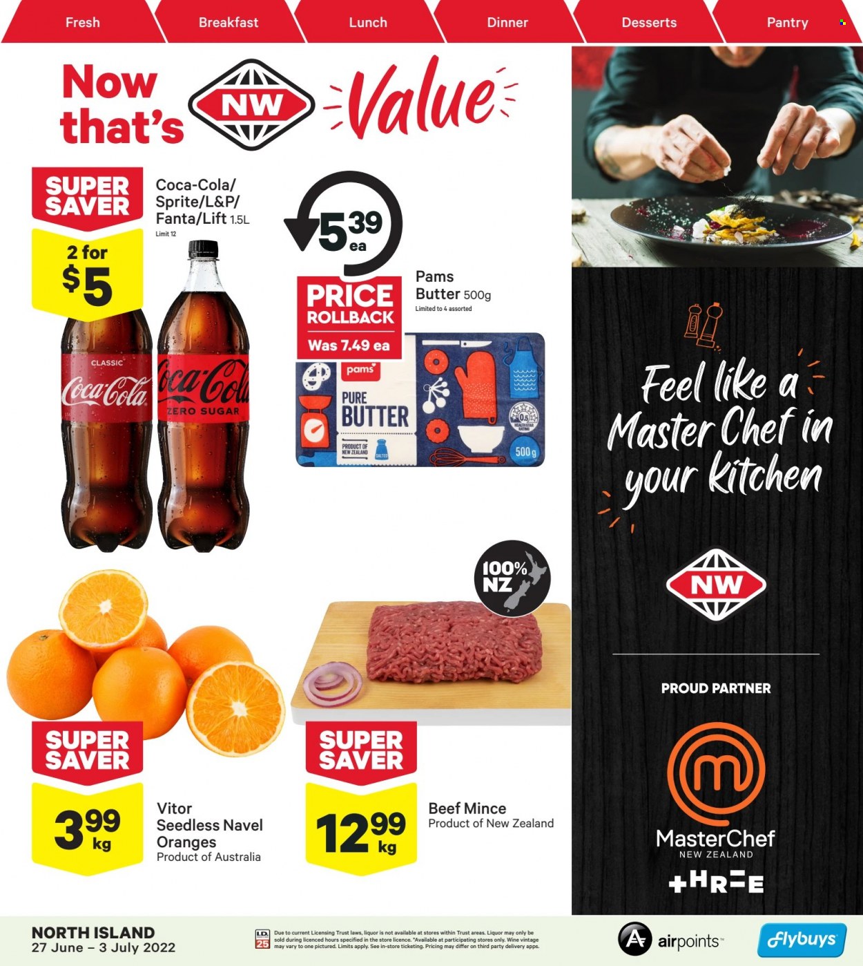 thumbnail - New World mailer - 27.06.2022 - 03.07.2022 - Sales products - oranges, navel oranges, butter, Coca-Cola, Sprite, Fanta, Coca-Cola zero, L&P, wine, beef meat, ground beef. Page 1.