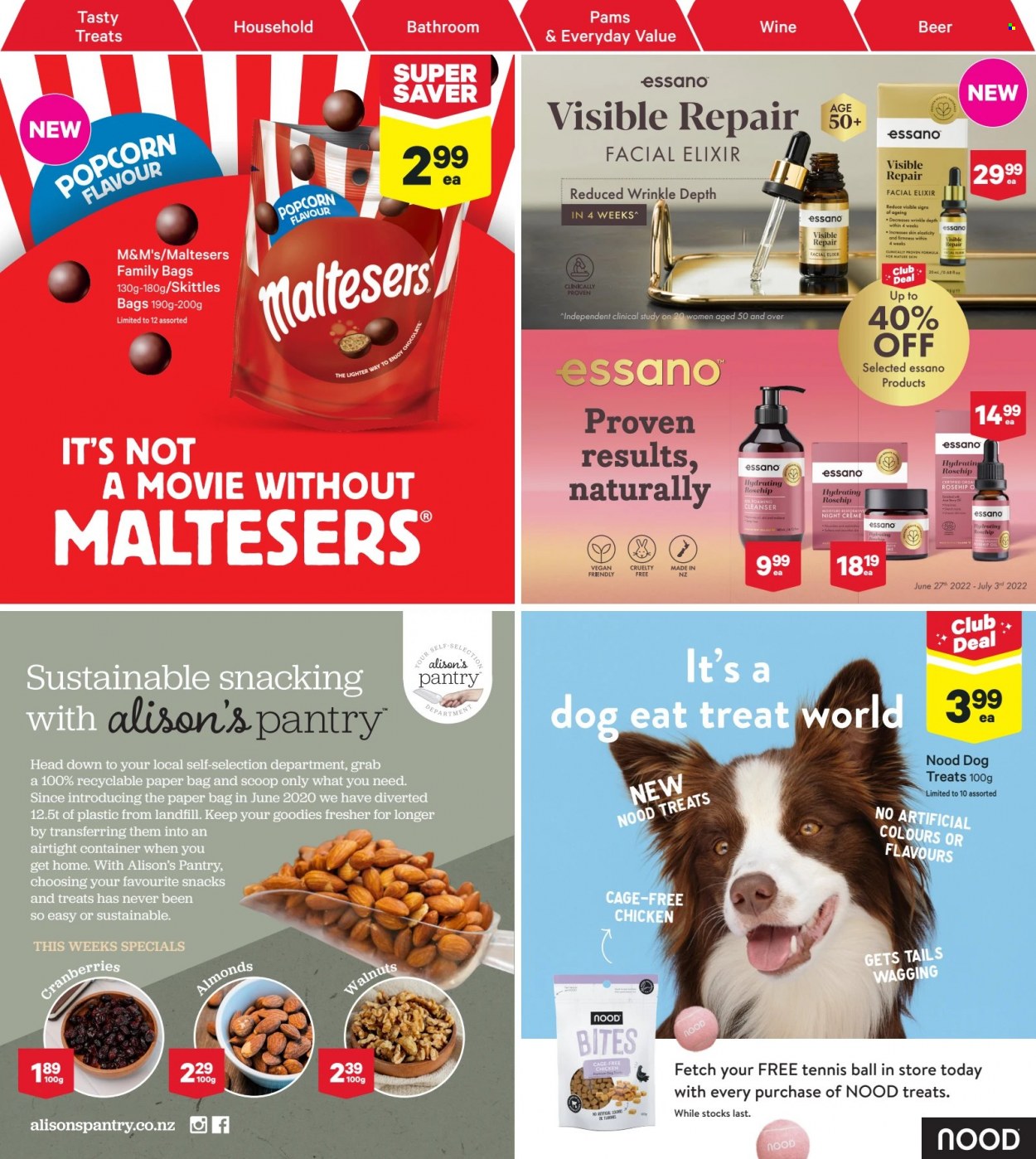 thumbnail - New World mailer - 27.06.2022 - 03.07.2022 - Sales products - cage free eggs, chocolate, snack, M&M's, Maltesers, Skittles, popcorn, cranberries, almonds, walnuts, wine, beer, cleanser, Essano, container, paper bag. Page 20.