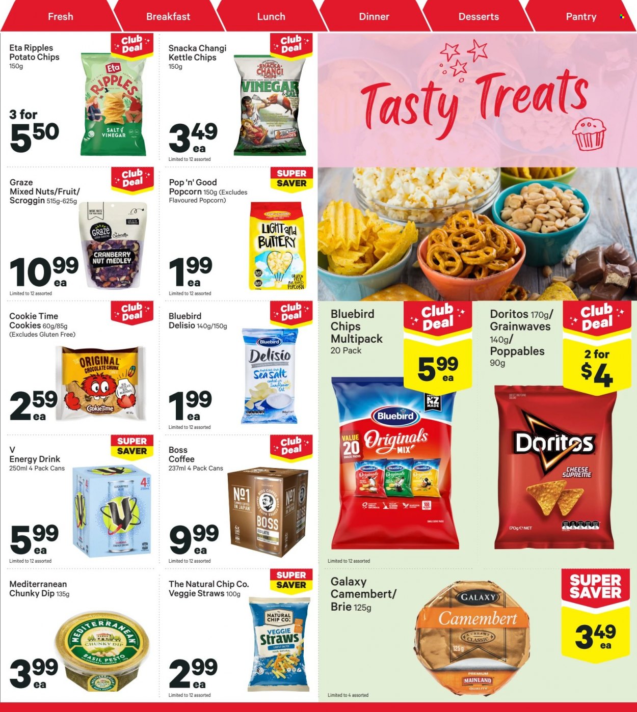 thumbnail - New World mailer - 27.06.2022 - 03.07.2022 - Sales products - camembert, cheese, brie, dip, cookies, chocolate, Doritos, potato chips, chips, Bluebird, popcorn, Delisio, Veggie Straws, oil, cashews, Graze, mixed nuts, energy drink, coffee. Page 25.