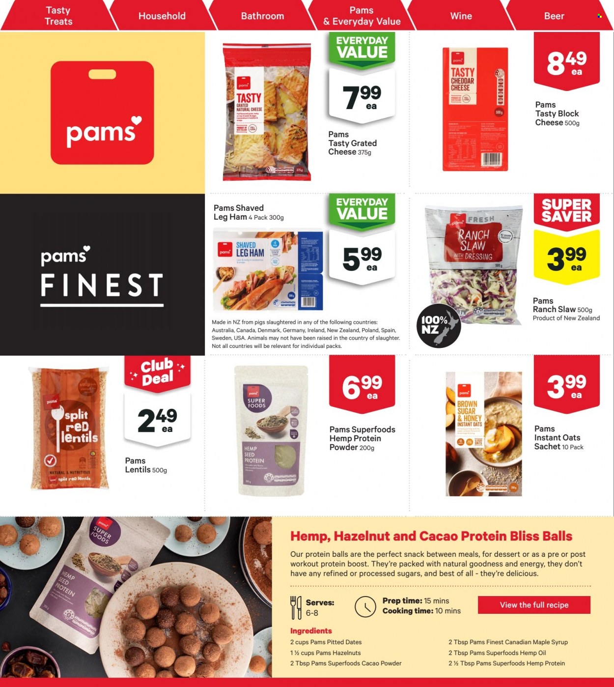 thumbnail - New World mailer - 27.06.2022 - 03.07.2022 - Sales products - ham, leg ham, cheddar, grated cheese, snack, cane sugar, oats, lentils, red lentils, oil, maple syrup, honey, syrup, hazelnuts, dried fruit, dried dates, Boost, wine, beer, whey protein. Page 26.
