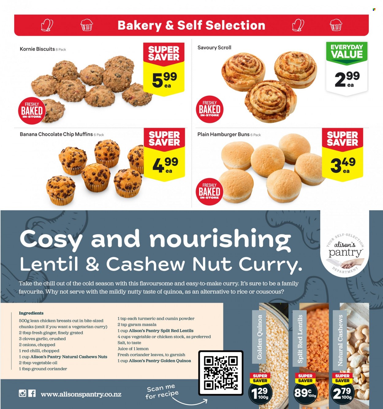 thumbnail - New World mailer - 27.06.2022 - 03.07.2022 - Sales products - buns, burger buns, muffin, garlic, ginger, chocolate chips, biscuit, salt, lentils, quinoa, red lentils, turmeric, cloves, cumin, coriander, vegetable oil, oil, cashews, juice, chicken breasts. Page 12.
