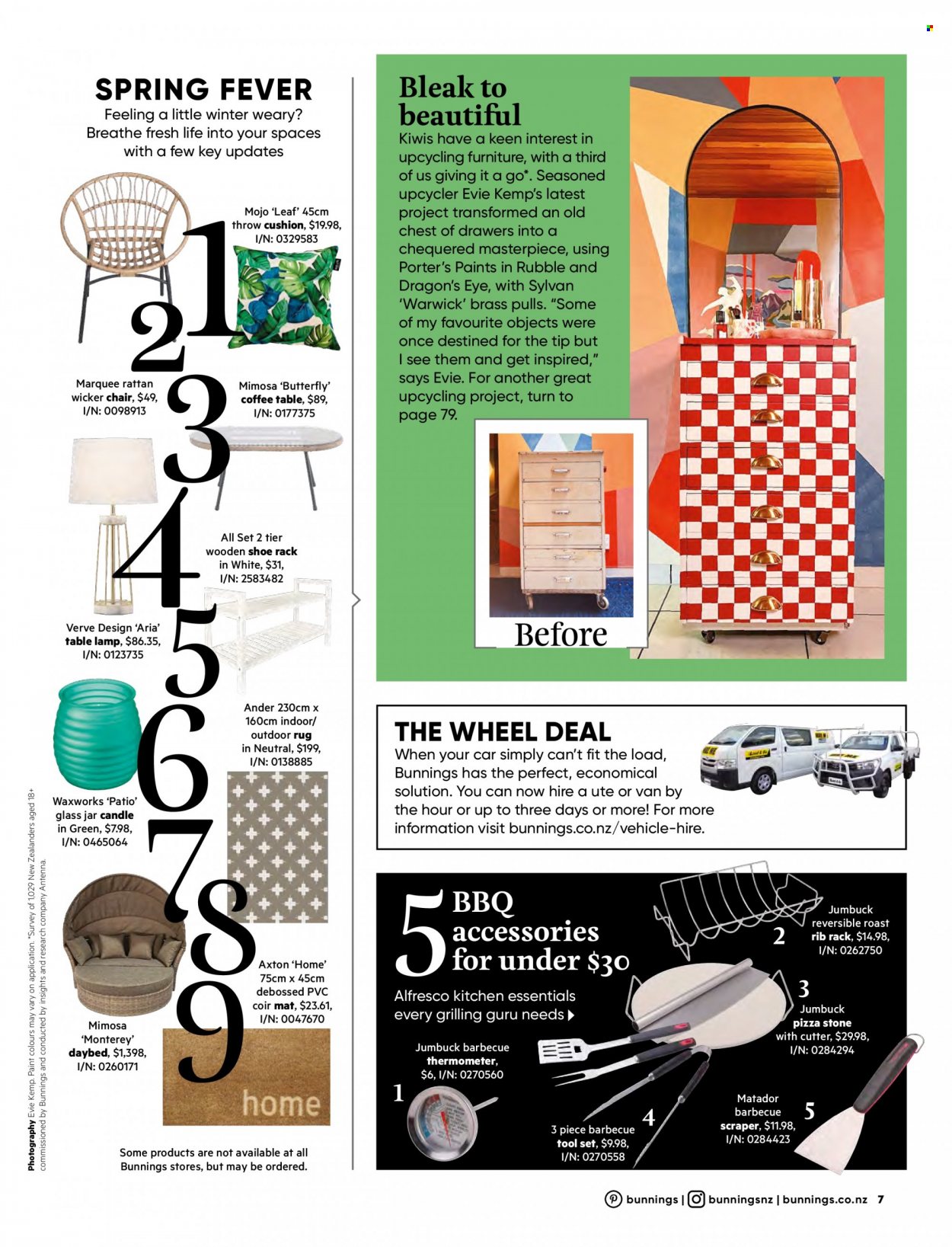 thumbnail - Bunnings Warehouse mailer - Sales products - chair, coffee table, chest of drawers, daybed, shoe rack, cushion, thermometer, candle, paint, lamp, table lamp, rug, tool set, cutter. Page 7.