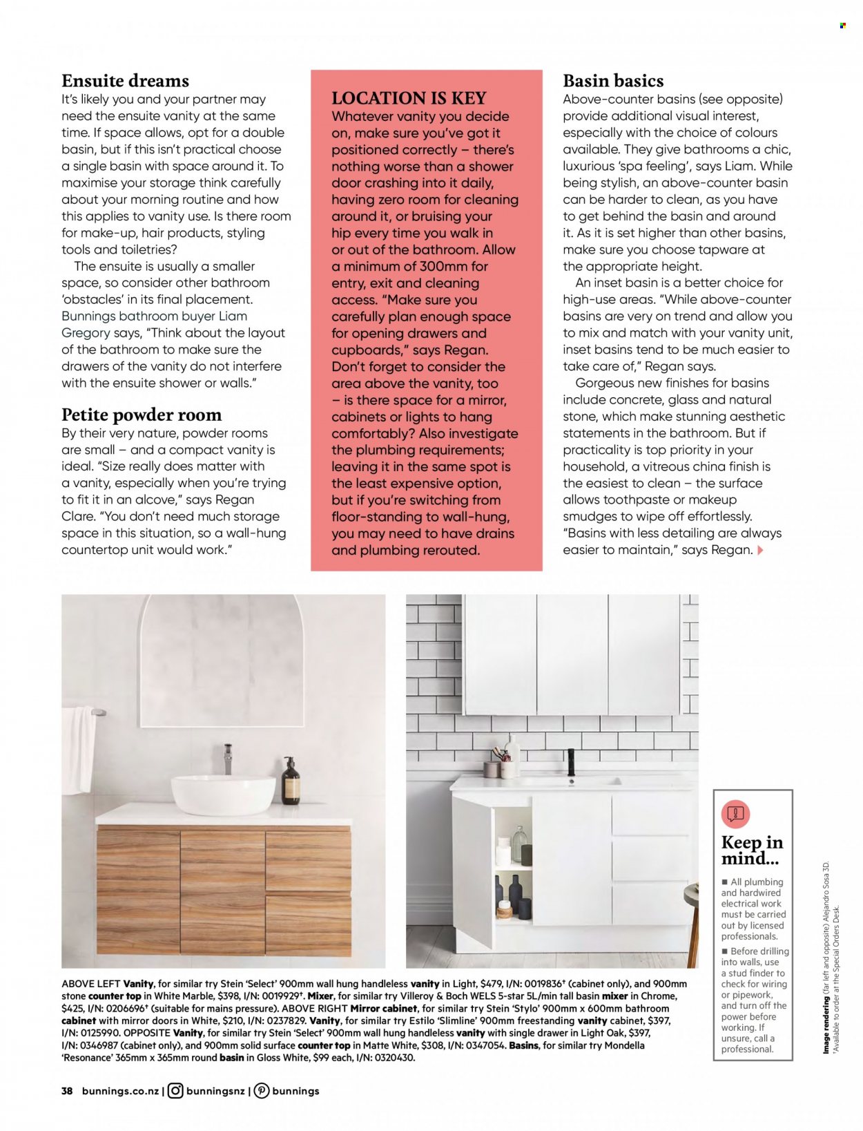 thumbnail - Bunnings Warehouse mailer - Sales products - basin mixer, cabinet, mirror cabinet, vanity, desk, mirror. Page 38.