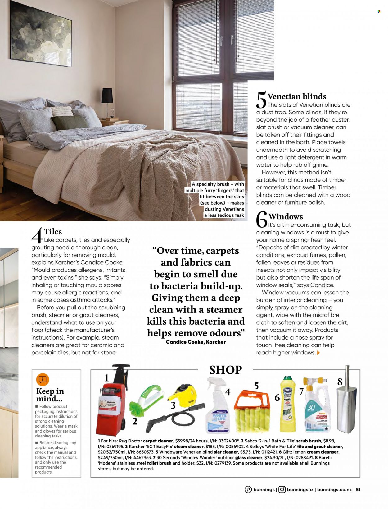 thumbnail - Bunnings Warehouse mailer - Sales products - detergent, glass cleaner, Sabco, holder, duster, towel, polish, furniture polish, rug, blinds, Kärcher. Page 51.
