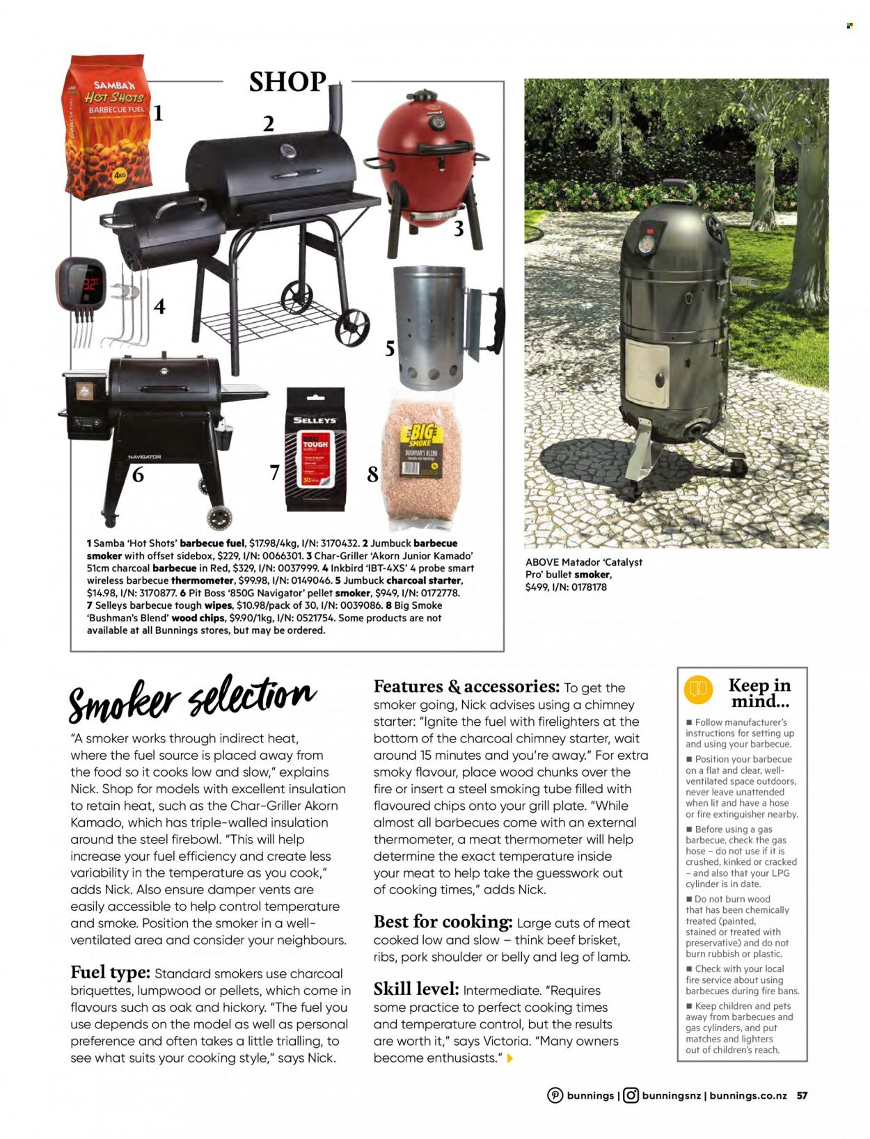 thumbnail - Bunnings Warehouse mailer - Sales products - wipes, thermometer, firelighter, extinguisher, plate, meat thermometer, grill, briquettes, smoker. Page 57.