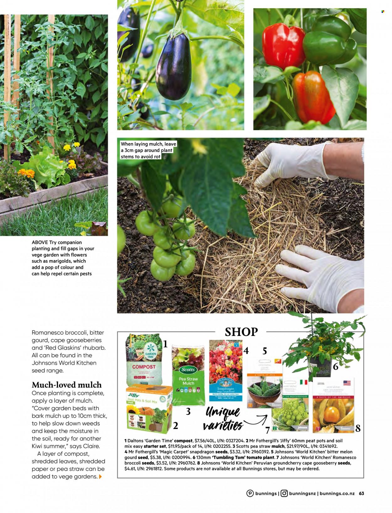 thumbnail - Bunnings Warehouse mailer - Sales products - straw, carpet, plant seeds, Jiffy, grow pots, garden mulch, compost. Page 63.