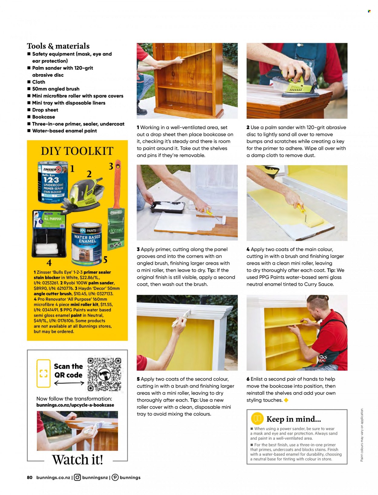 thumbnail - Bunnings Warehouse mailer - Sales products - bookcase, curry sauce, brush, gloss enamel, roller, plastic drop sheet, roller cover, paint, Ryobi, cutter. Page 80.