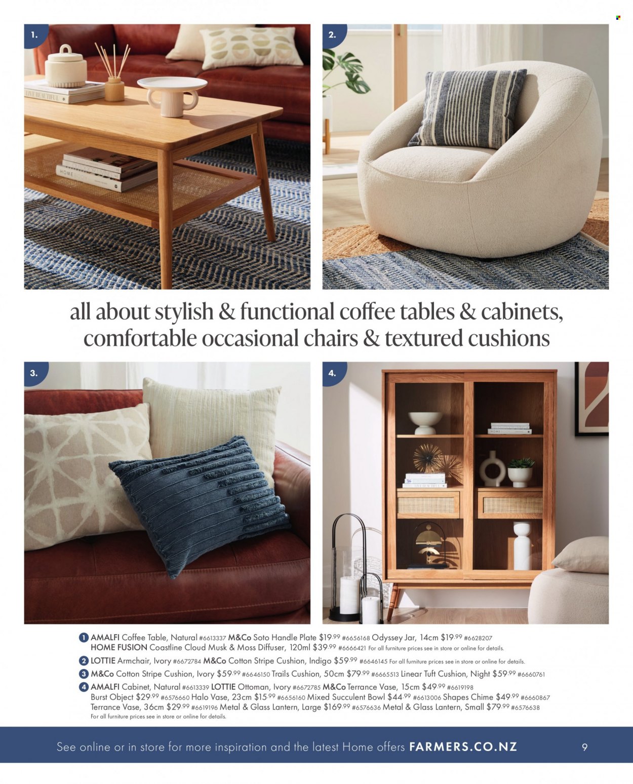 thumbnail - Farmers mailer - Sales products - plate, bowl, jar, diffuser, cushion, cabinet, table, chair, arm chair, coffee table, ottoman. Page 8.