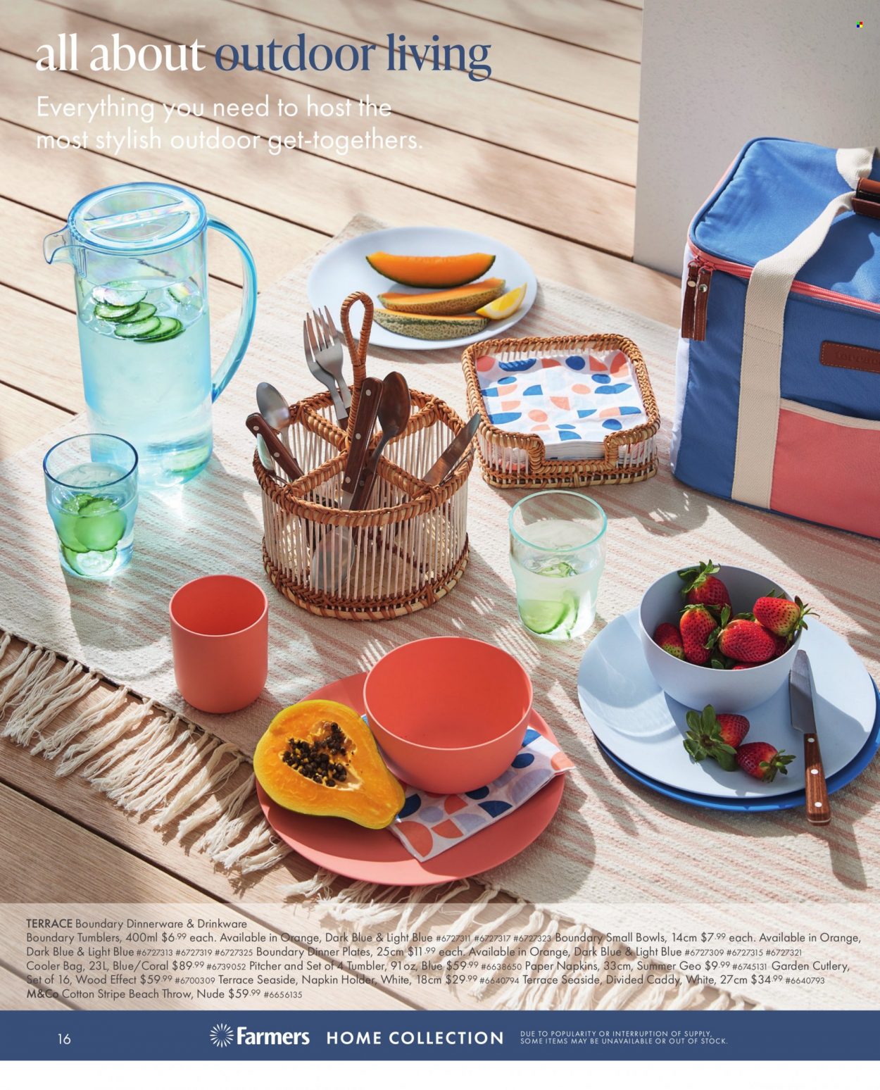 thumbnail - Farmers mailer - Sales products - holder, dinnerware set, drinkware, tumbler, pitcher, plate, dinner plate, cooler bag, napkins. Page 14.