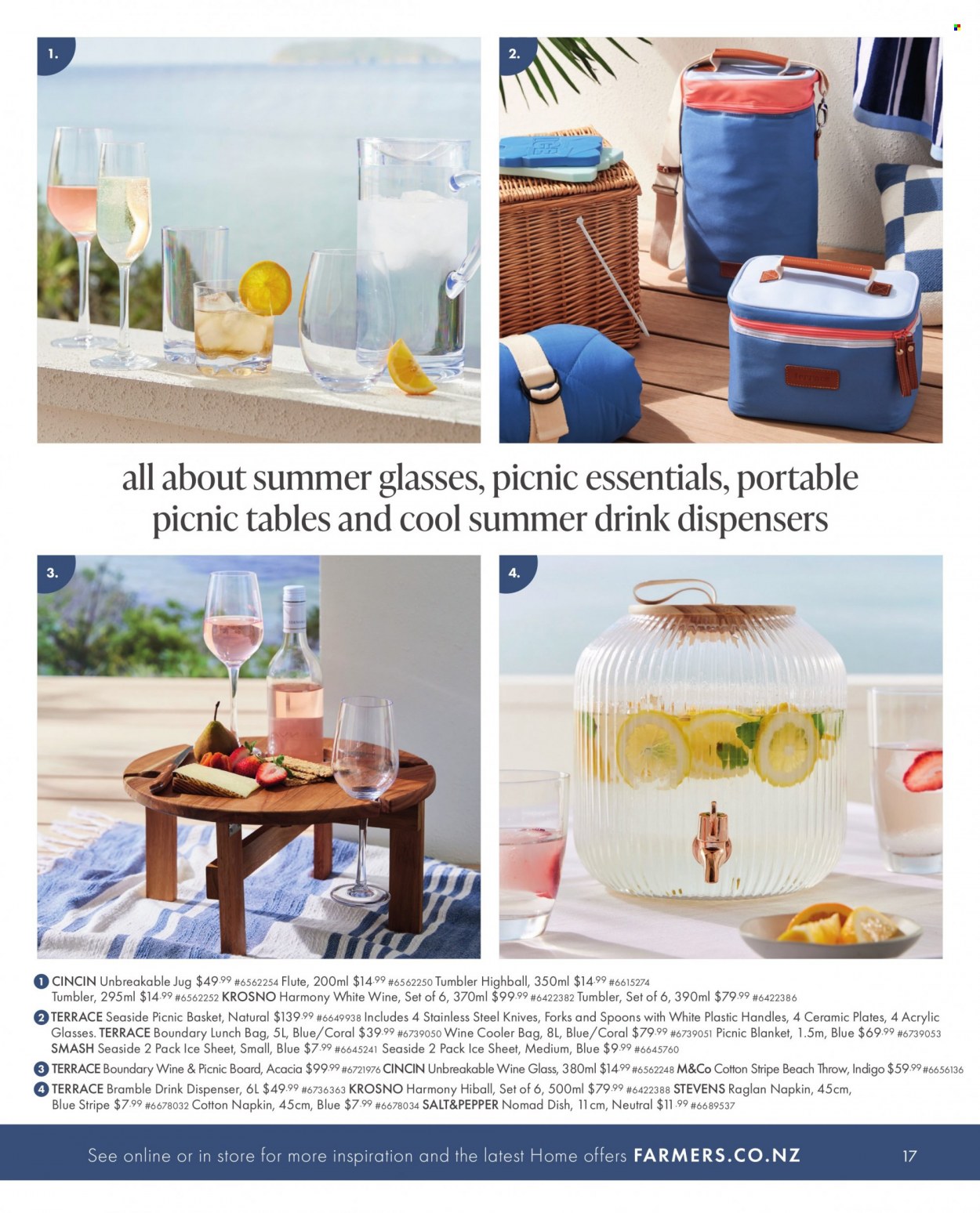 thumbnail - Farmers mailer - Sales products - basket, knife, dispenser, spoon, tumbler, wine glass, plate, cooler bag, napkins, blanket, table. Page 17.