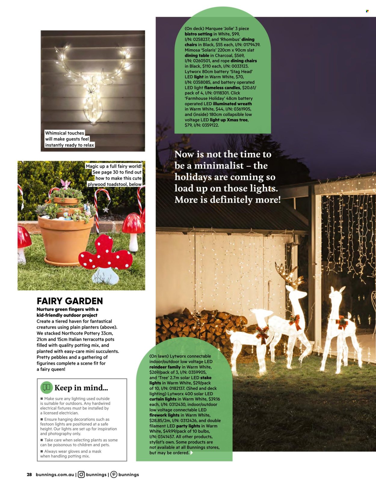 thumbnail - Bunnings Warehouse mailer - 01.11.2022 - 30.11.2022 - Sales products - dining table, table, chair, reindeer, wreath, Fairy, pot, candle, bulb, curtain, LED light, lighting, charcoal, plywood, shed, succulent, potting mix, solar led. Page 28.