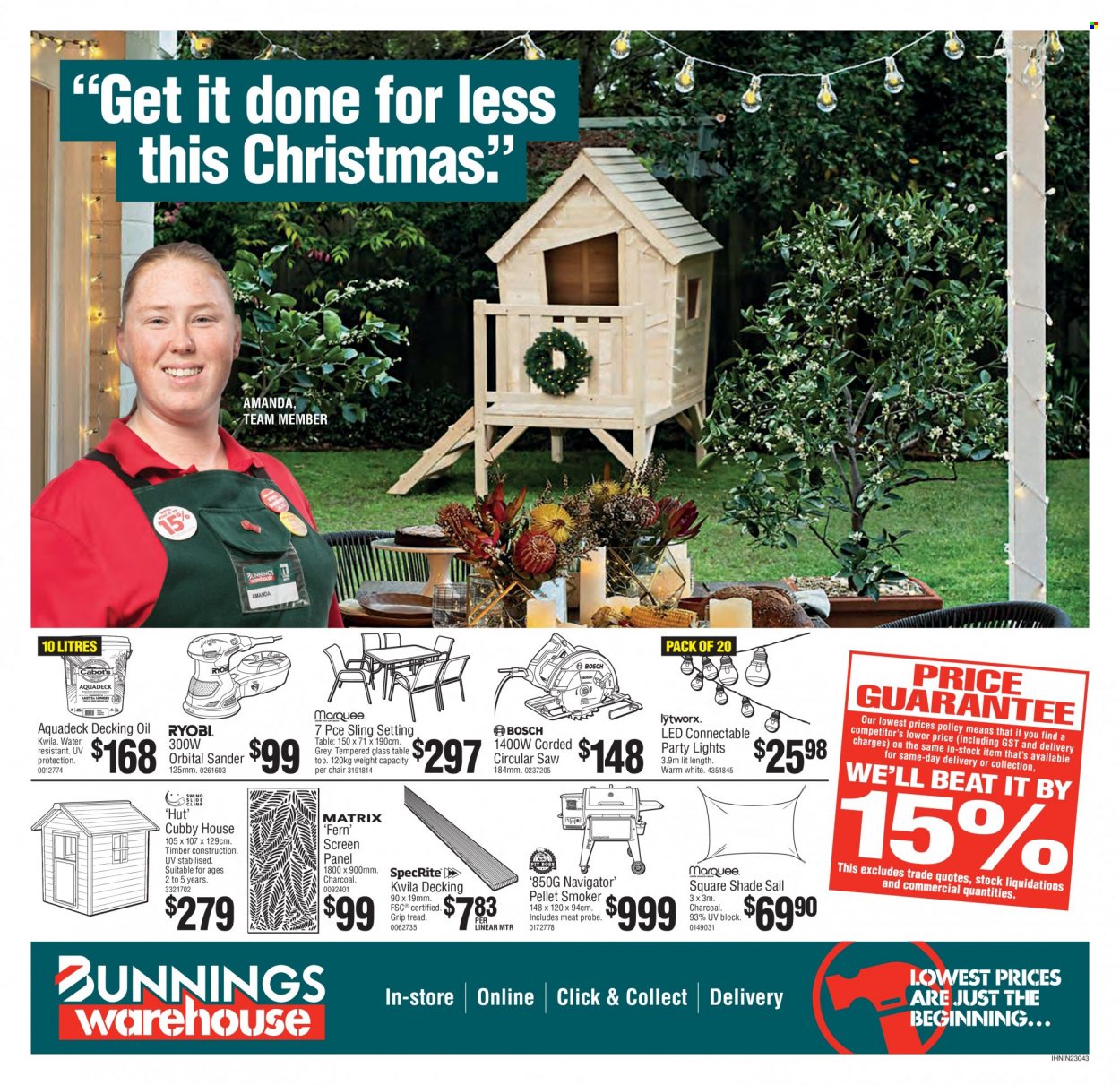 thumbnail - Bunnings Warehouse mailer - Sales products - table, chair, Bosch, Ryobi, circular saw, saw, cubby house, smoker. Page 1.